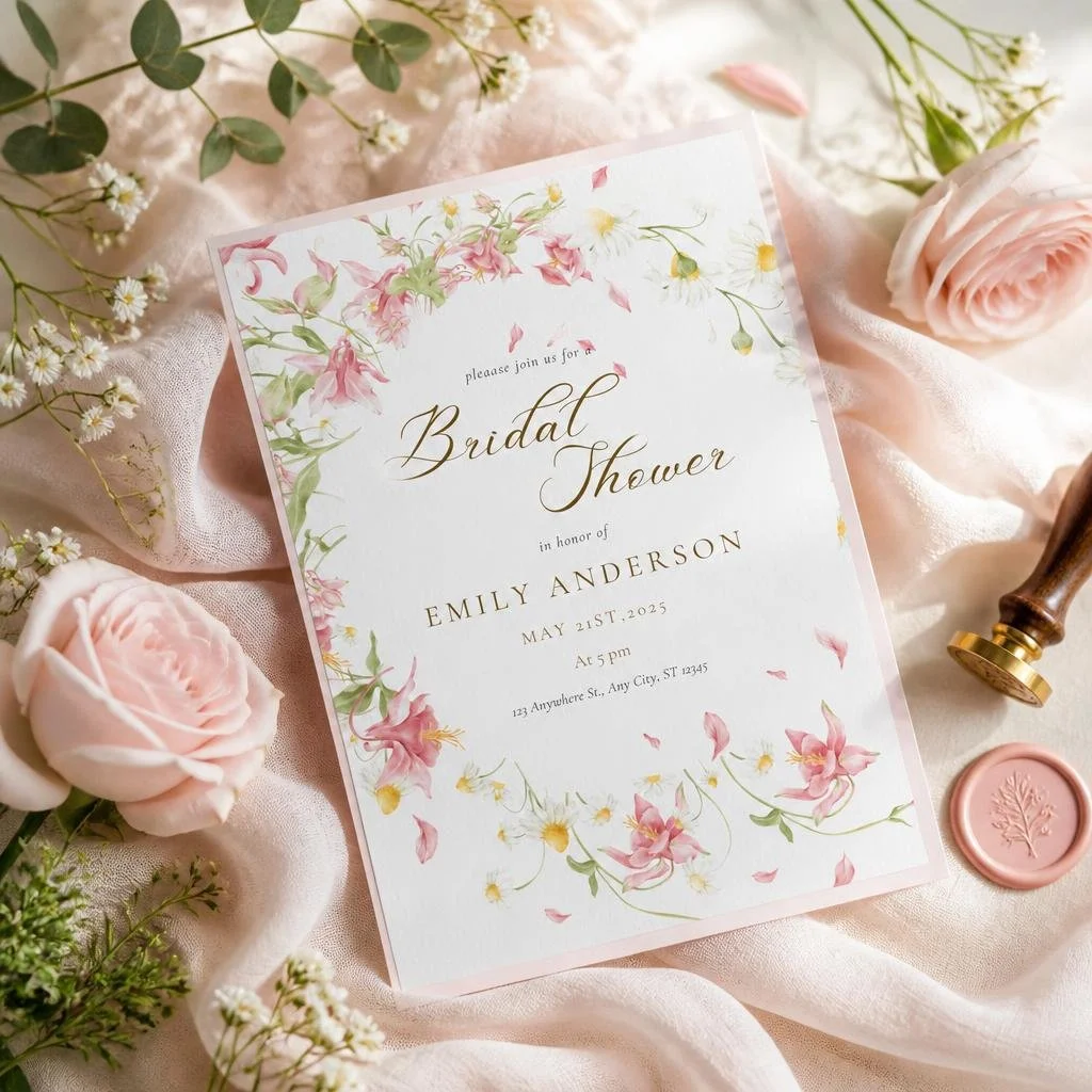 Romantic bridal shower invitation with soft pink watercolor florals, gold script typography, and elegant garden-inspired flat lay styling with roses, wax seal, and neutral fabric background.