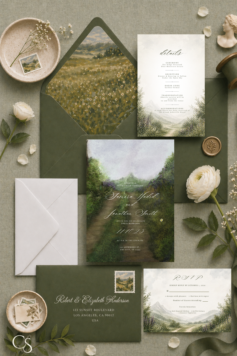 Soft garden pathway wedding invitation suite with watercolor greenery, neutral background, olive envelope, wax seal accents, and coordinating RSVP and details cards.