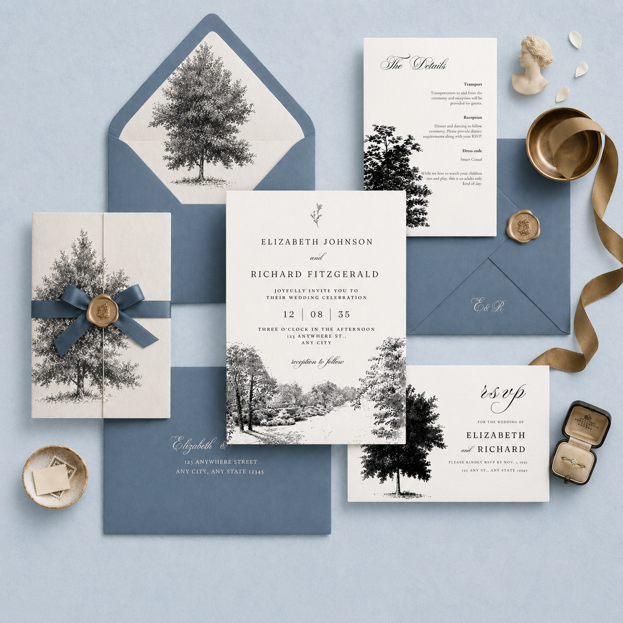 Soft garden pathway wedding invitation suite with watercolor greenery, neutral background, olive envelope, wax seal accents, and coordinating RSVP and details cards.