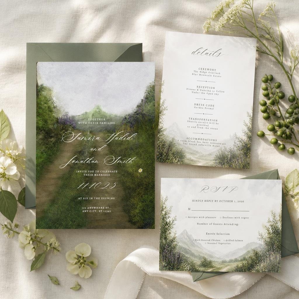 Painterly Timeless Countryside Wedding Invitation Suite | Editable Canva Template