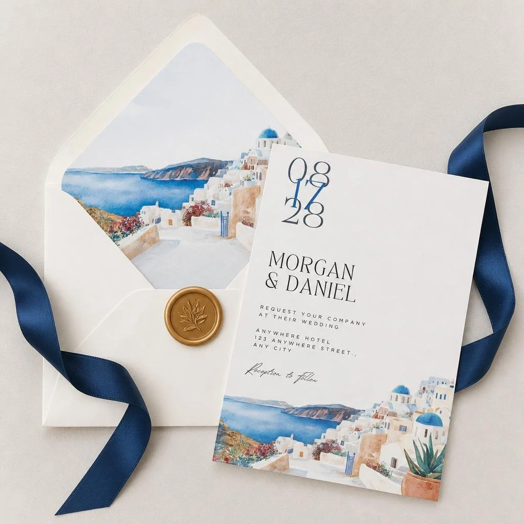 Santorini wedding invitation suite with blue coastal watercolor design, envelope liner, wax seal and editable Canva template