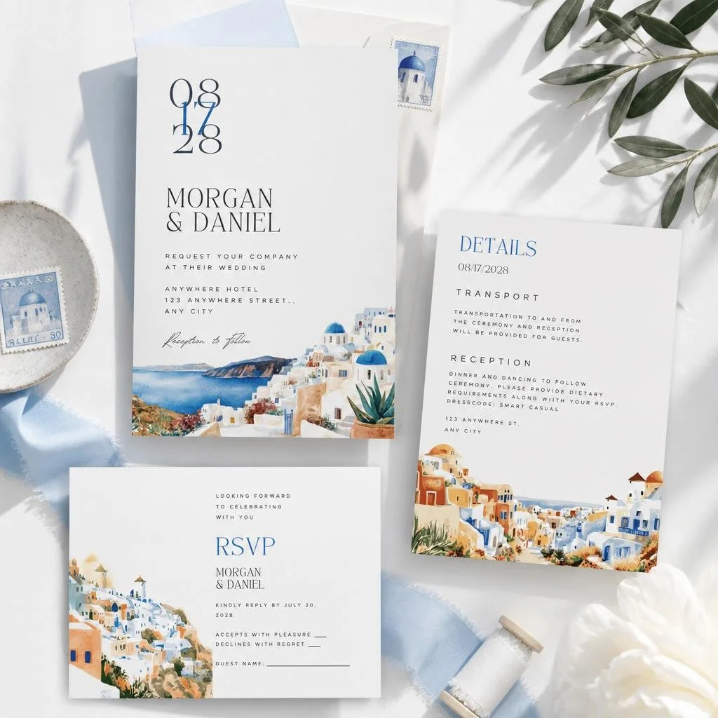 Editable Santorini Wedding Invitation Template | Destination Wedding Canva Suite