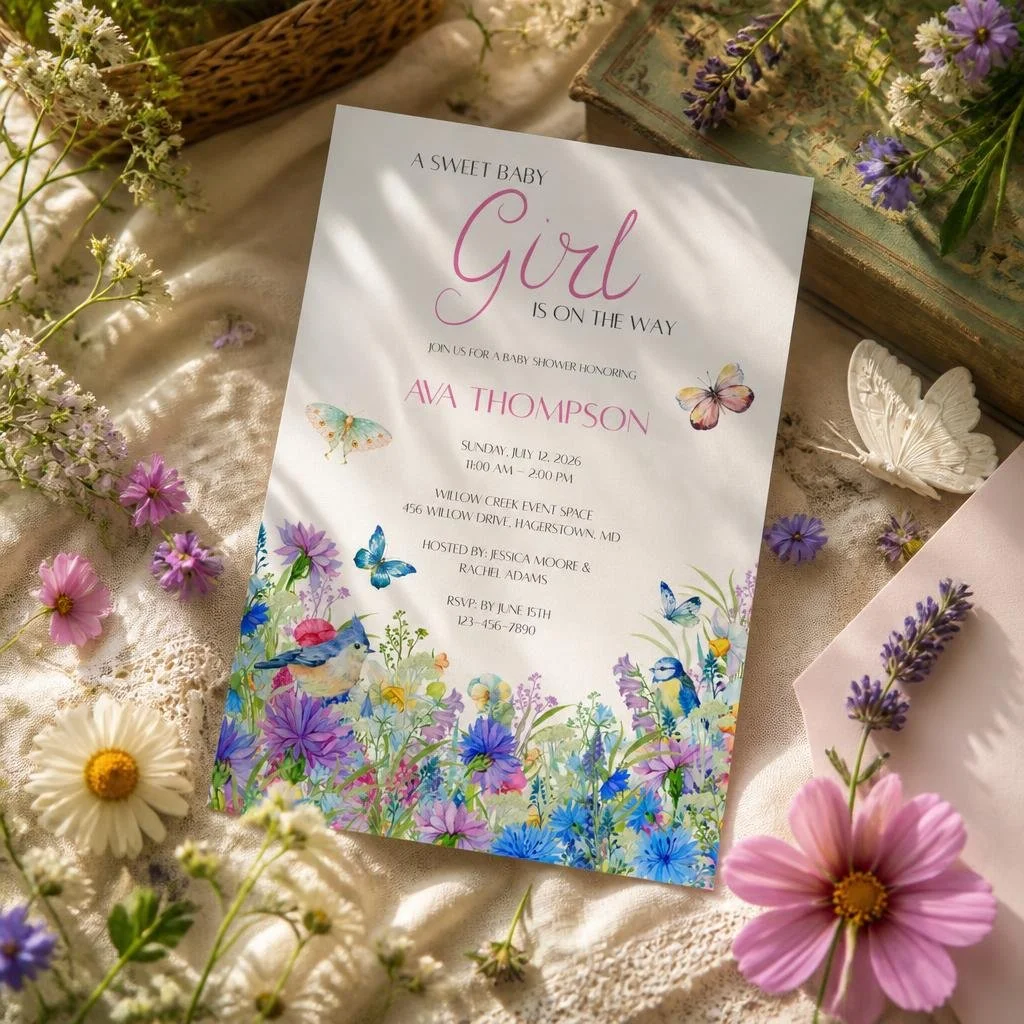 Baby girl shower invitation surrounded by flowers and decorative butterfly accessories.