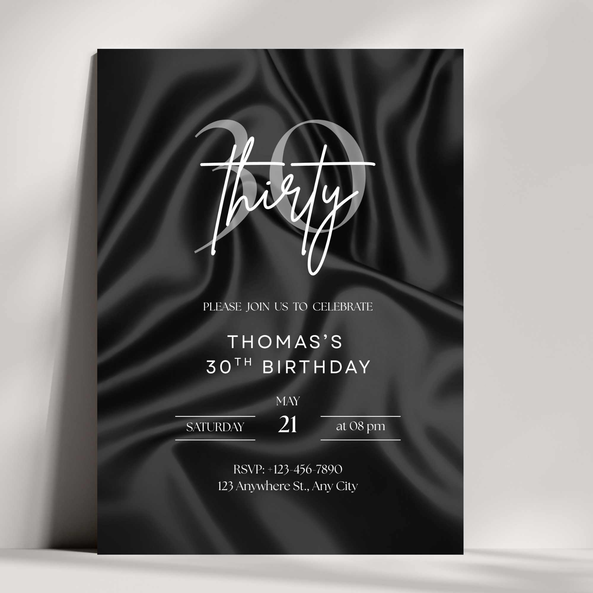 30th Birthday Invitation Template | Editable Canva Invite | Black Luxury Modern Design