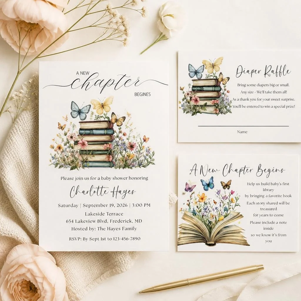 A New Chapter Begins Baby Shower Invitation Suite| Books for Baby Canva Template Bundle