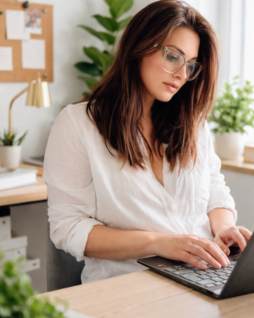 A woman with brown hair wearing glasses and a white shirt working on a laptop at a wooden desk in a bright room with plants and a bulletin board.