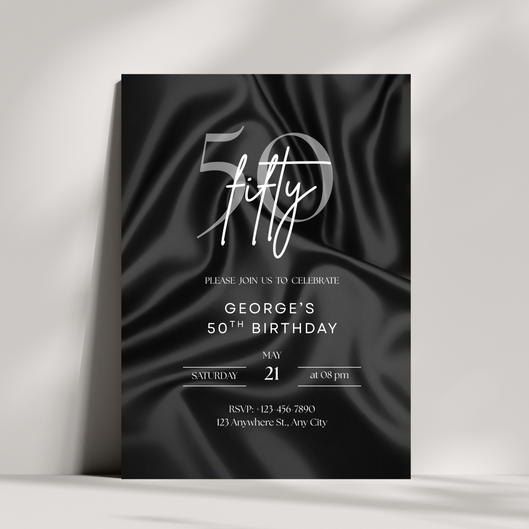 50th Birthday Invitation Template | Editable Canva Invite | Black Luxury Modern Design