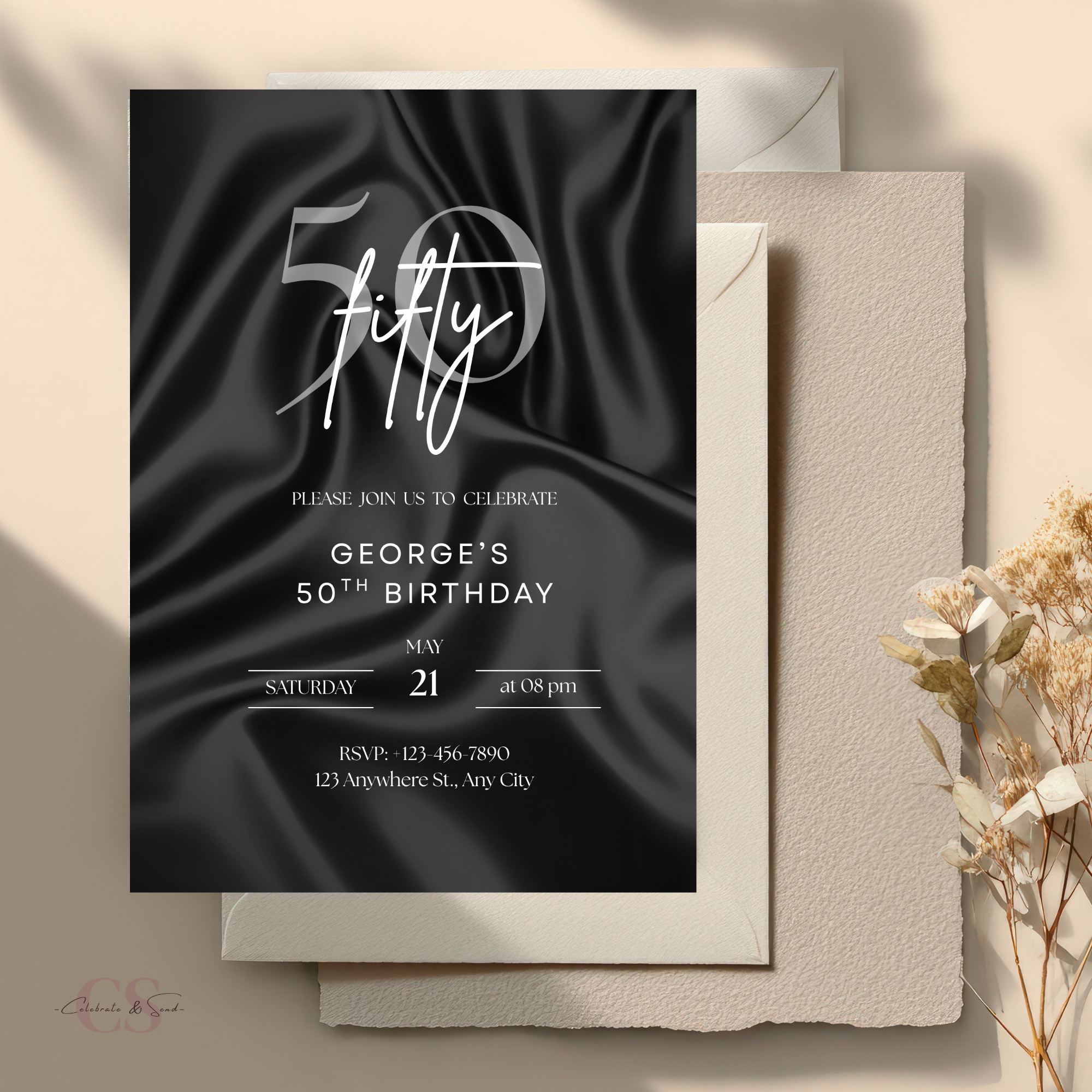 50th birthday invitation template editable in Canva with black satin background and modern luxury design
