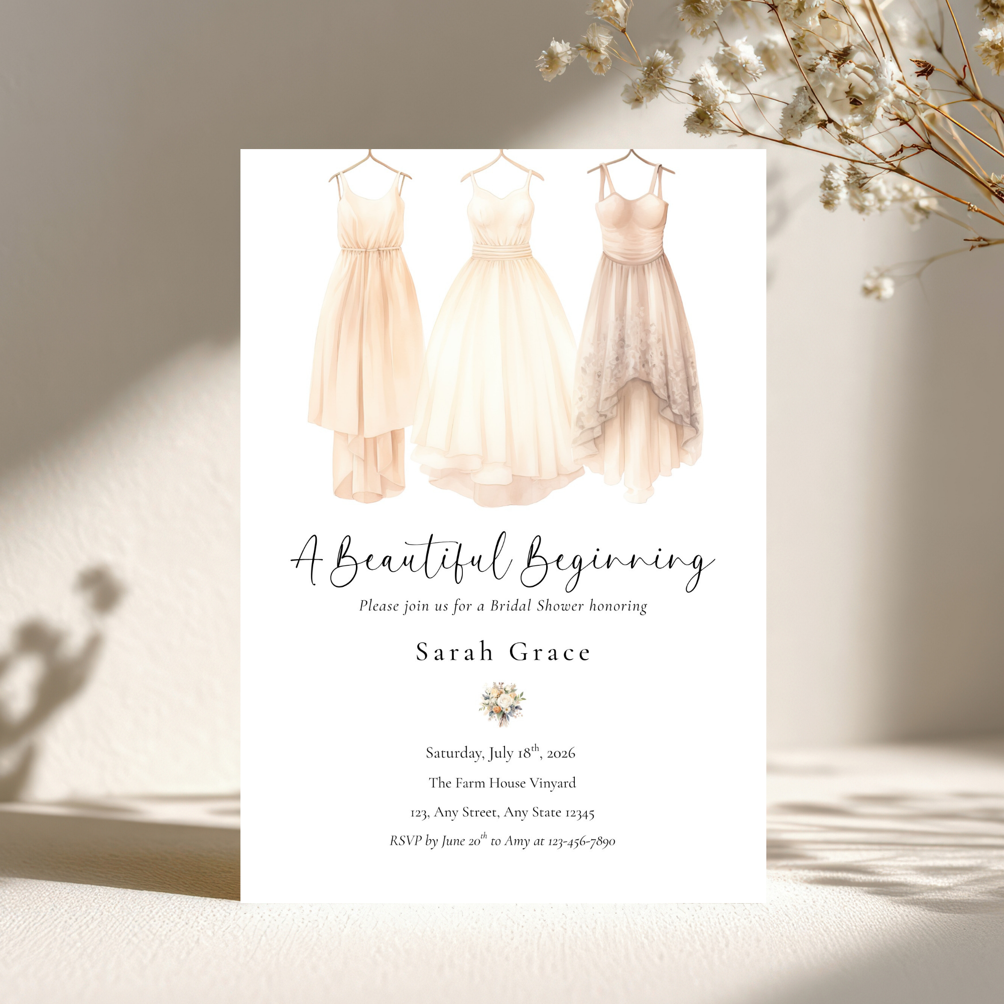 A Beautiful Beginning Bridal Shower Invitation Template | Elegant Canva Editable Invite