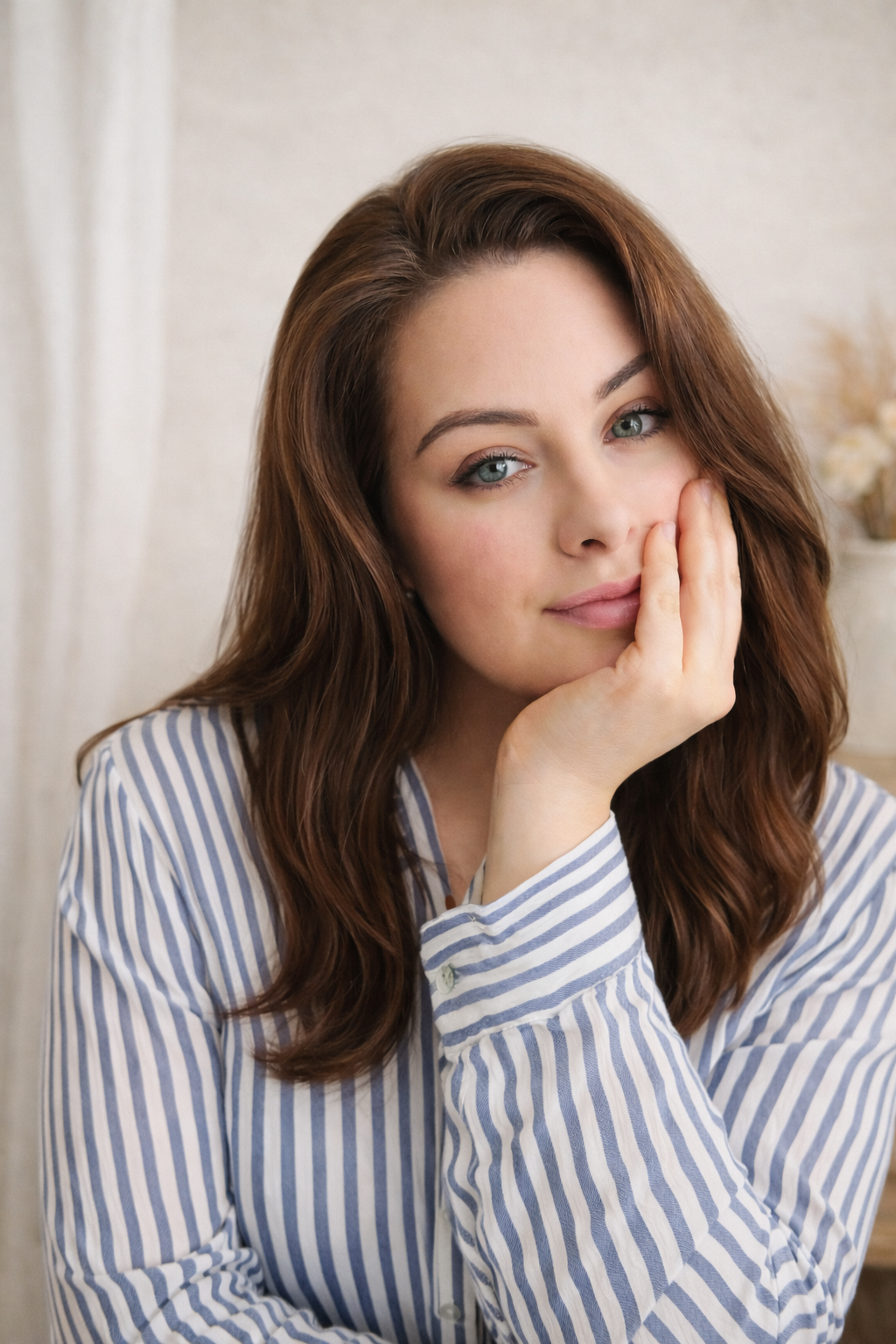 Portrait of a young woman with wavy brown hair wearing a blue and white striped shirt, resting her face on her hand, looking at the camera.
