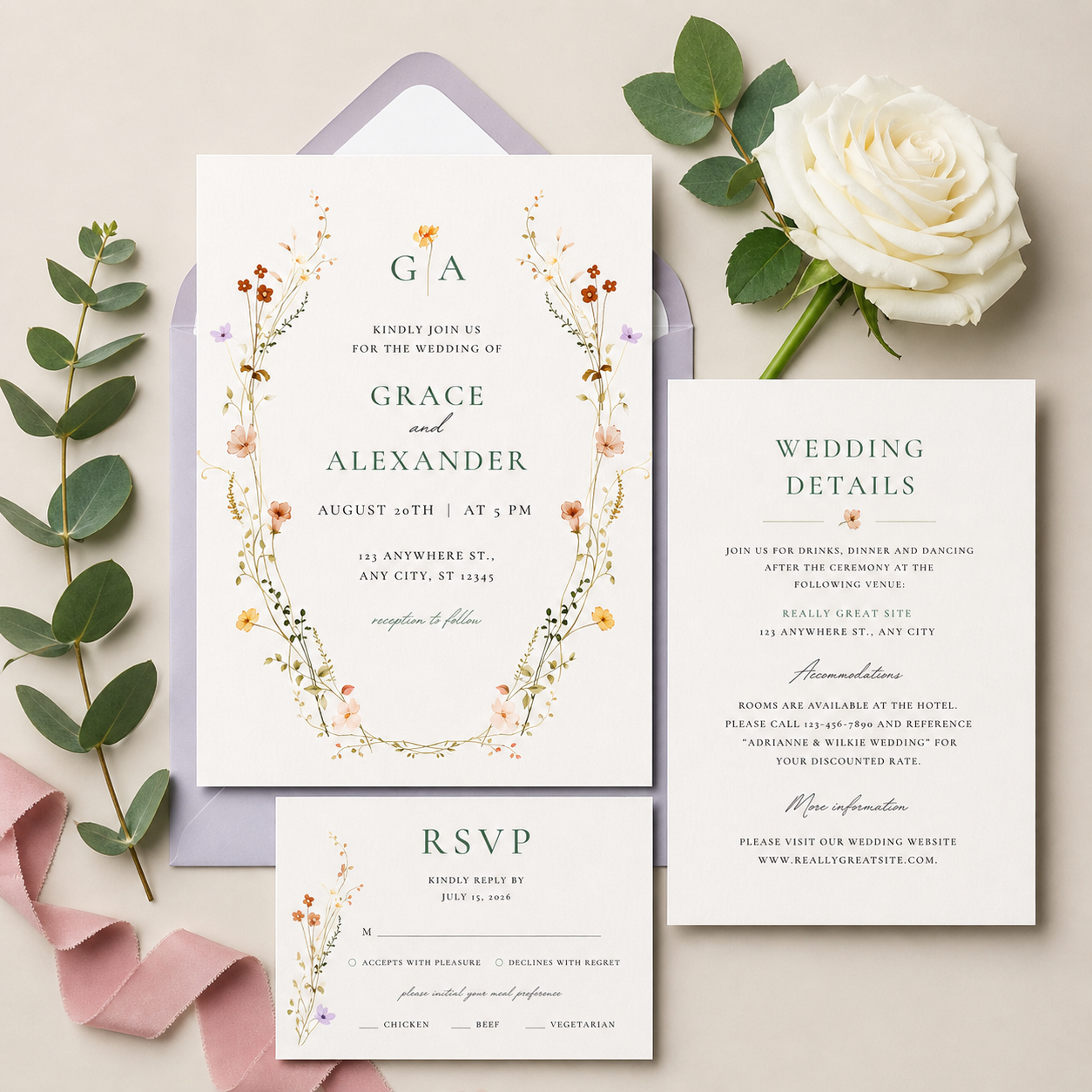 Elegant floral wedding invitation suite with blush and lavender accents, featuring a botanical wreath invitation, RSVP card, details card, and pastel envelope styled with a white rose, greenery, and pink ribbon on a neutral background.