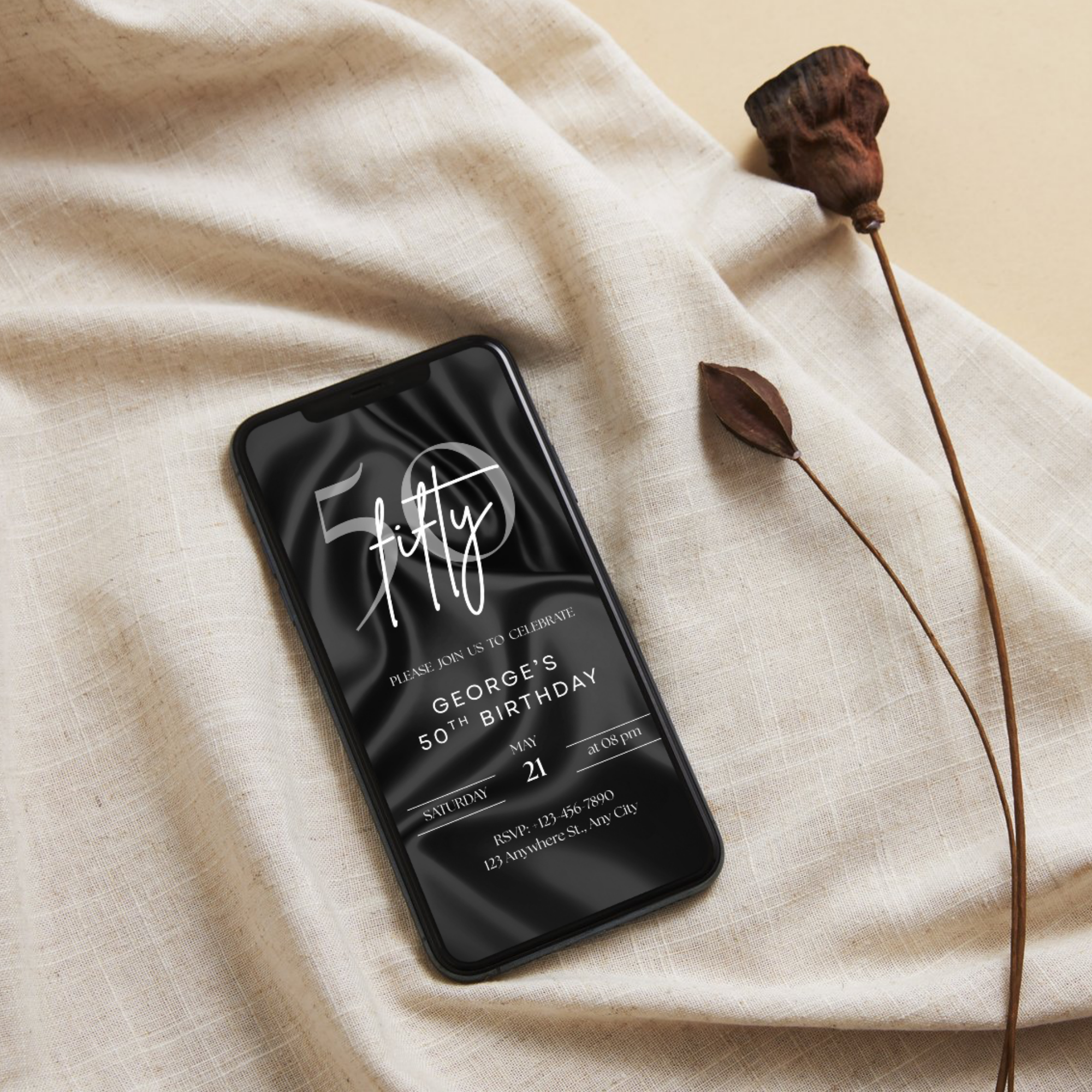 50th birthday invitation template editable in Canva with black satin background and modern luxury design