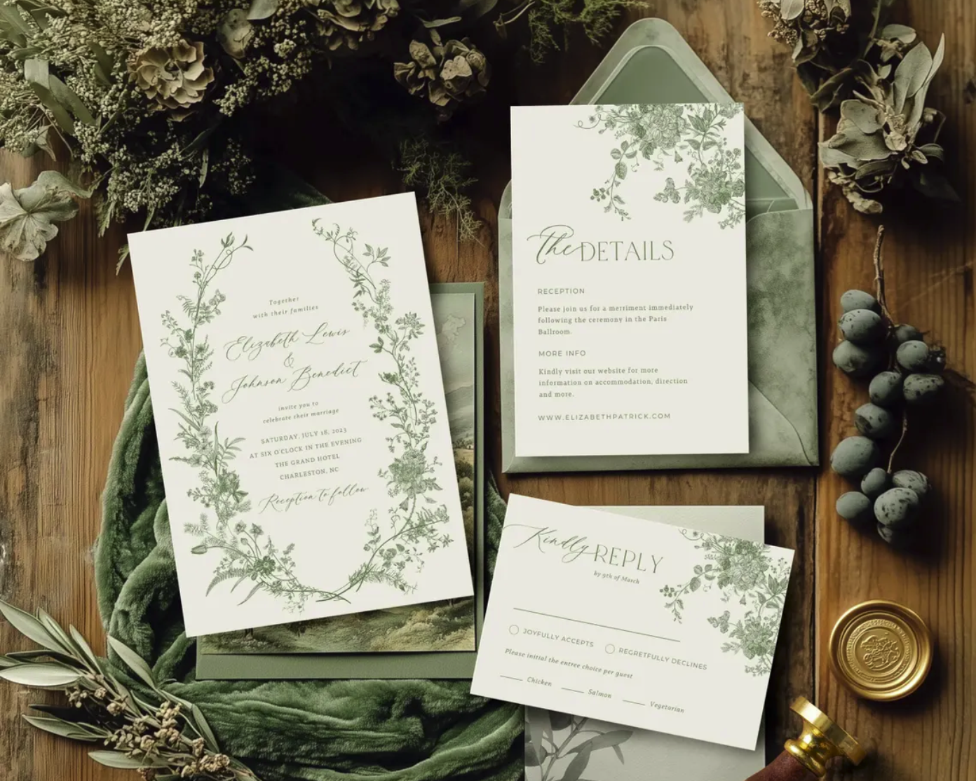Wedding invitation suite with floral design, RSVP card, and details card, surrounded by dried flowers and grapes on a wooden table.