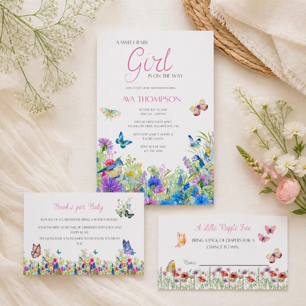 Sweet Baby Girl Baby Shower Invitation Suite | Whimsical Floral Canva Template Bundle
