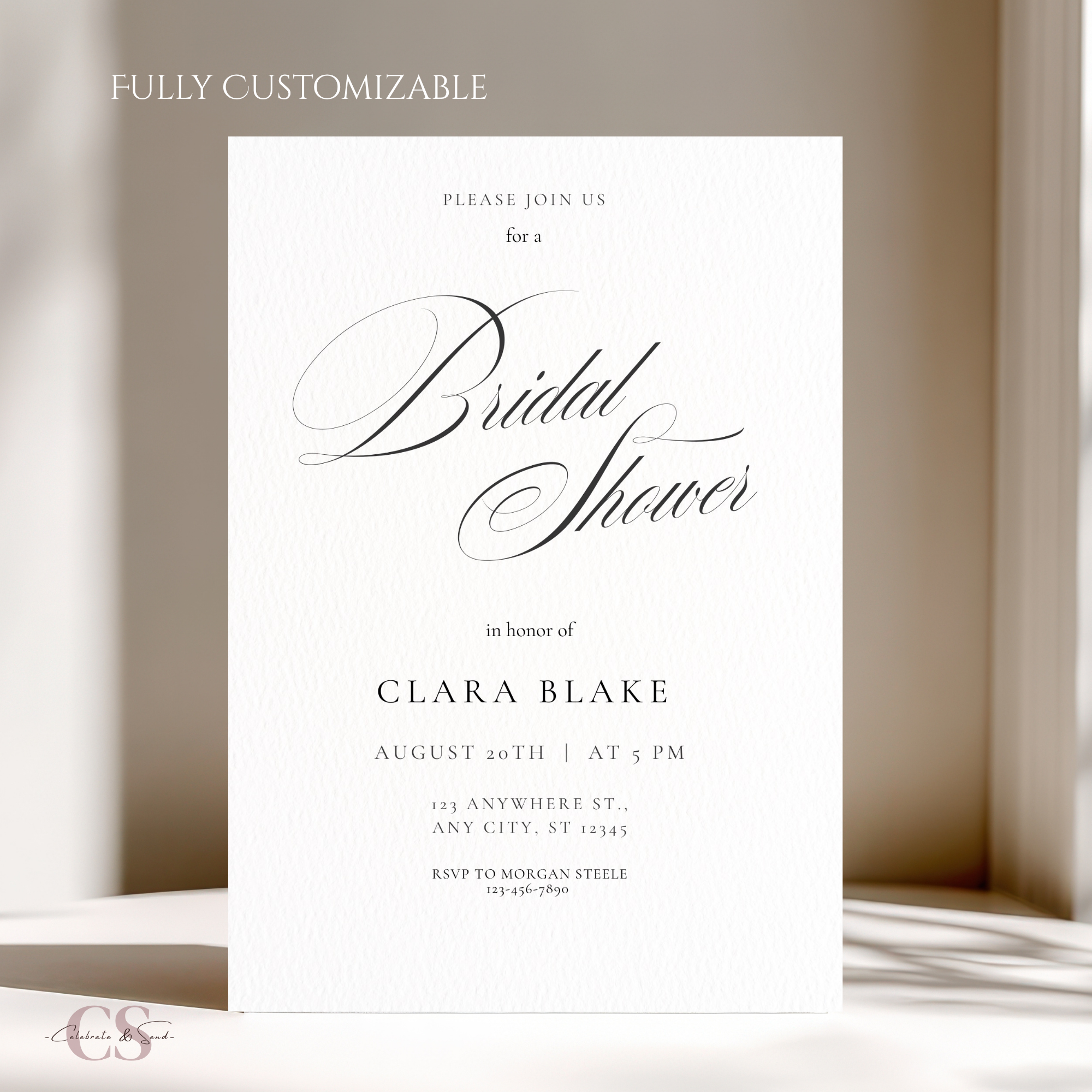 Bridal Shower Invitation Template | Editable Canva Bridal Shower Invite | Minimal Elegant Script Design