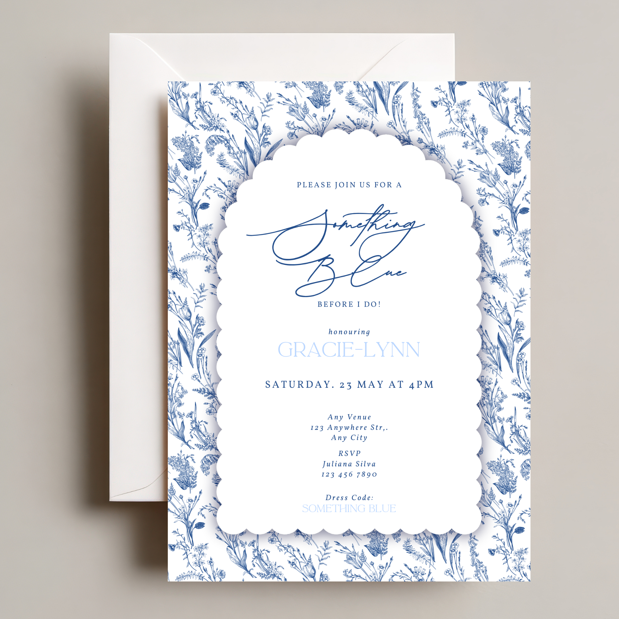 Something Blue bridal shower invitation template with blue toile floral pattern and scalloped border