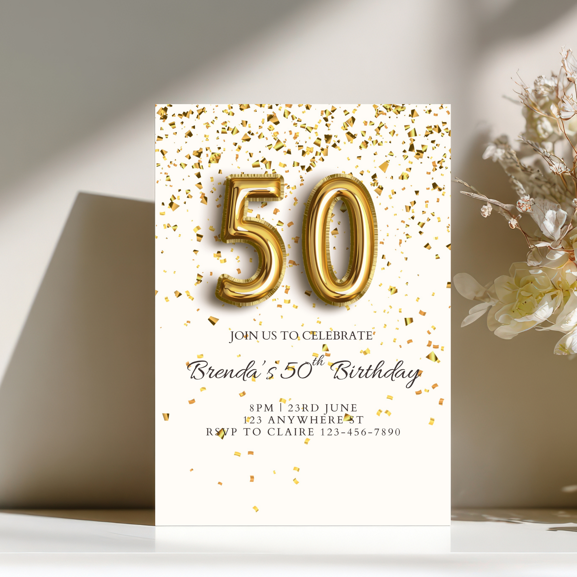 50th Birthday Invitation Template | Editable Canva Invite | Gold Confetti Balloon Design