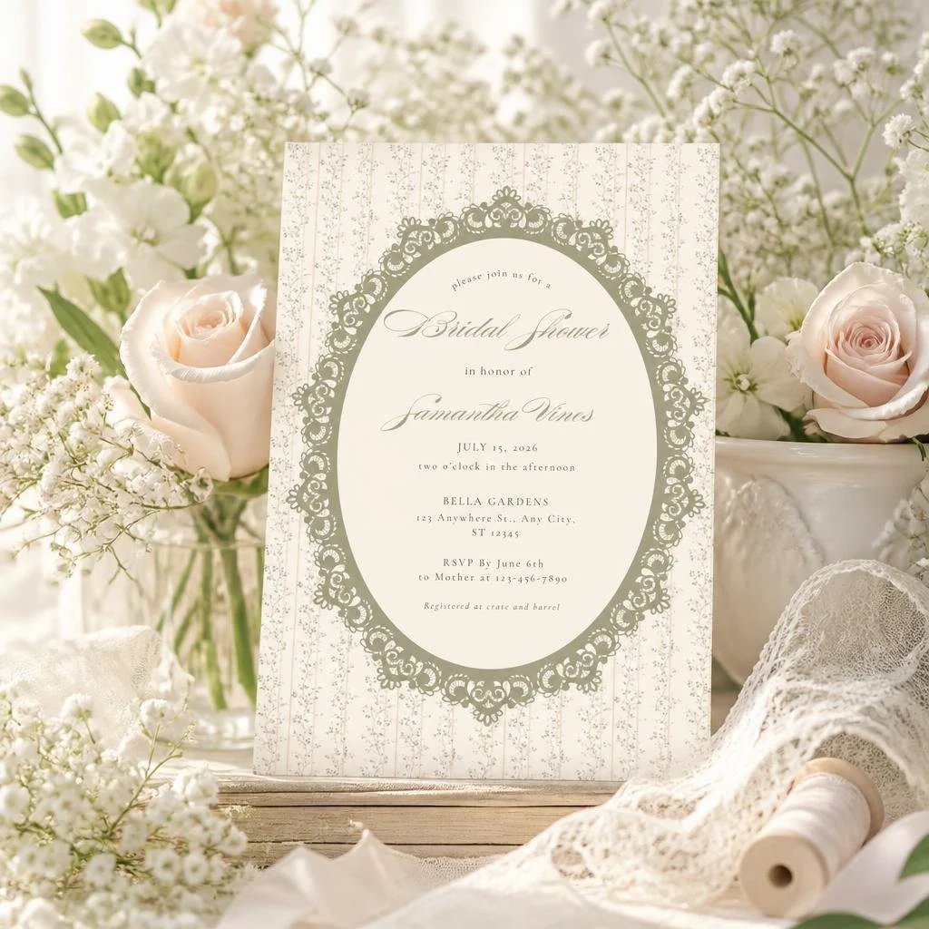 Elegant wedding invitation with floral border and script font, surrounded by white roses, baby's breath, lace fabric, and a spool of lace ribbon, set against a soft background of white flowers.