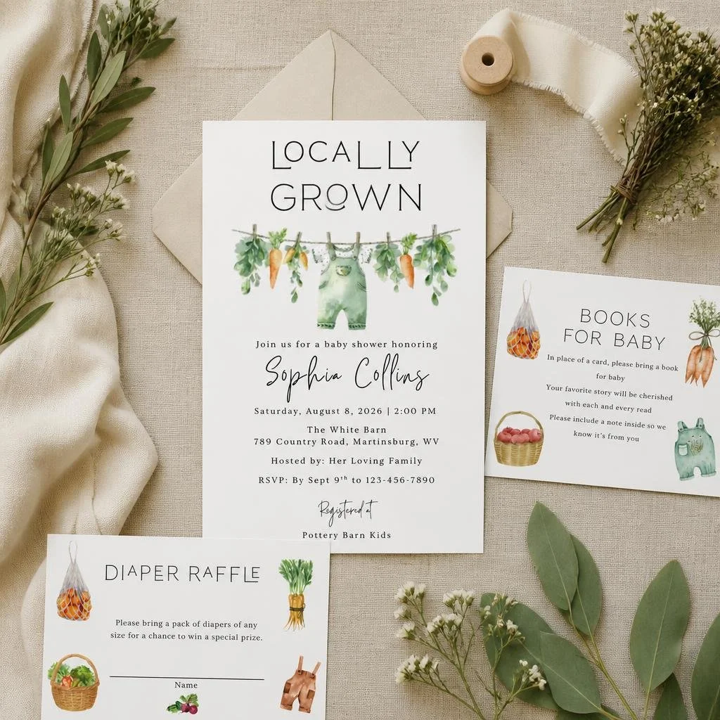 Locally Grown Baby Shower Invitation Suite | Farm Theme Canva Template Bundle