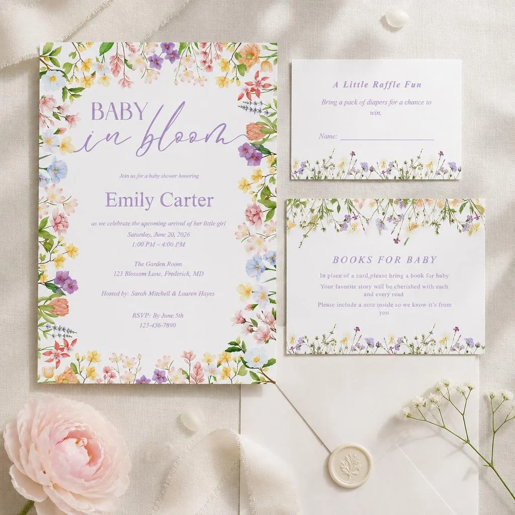 Baby in Bloom Baby Shower Invitation Suite | Floral Canva Template Bundle