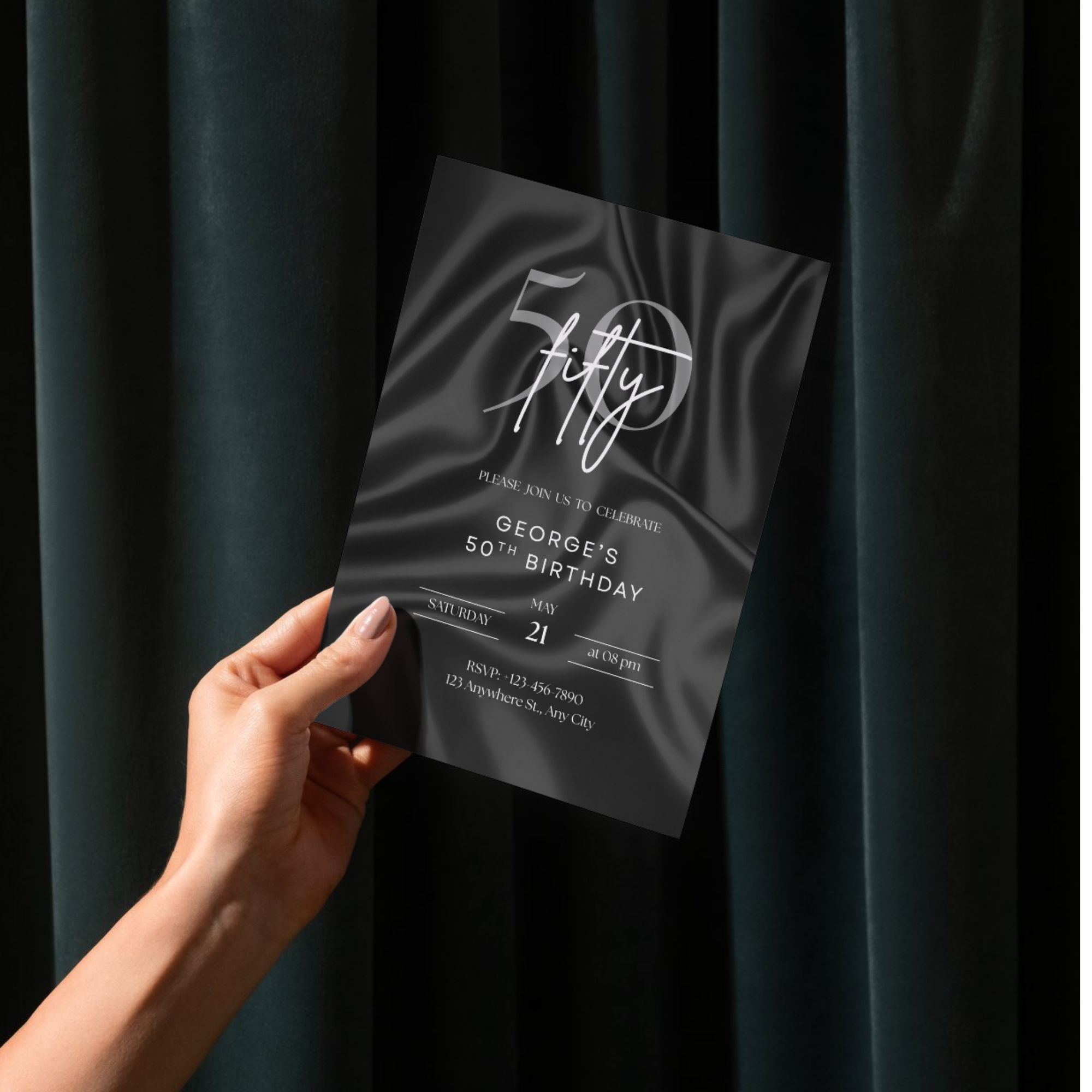 50th birthday invitation template editable in Canva with black satin background and modern luxury design