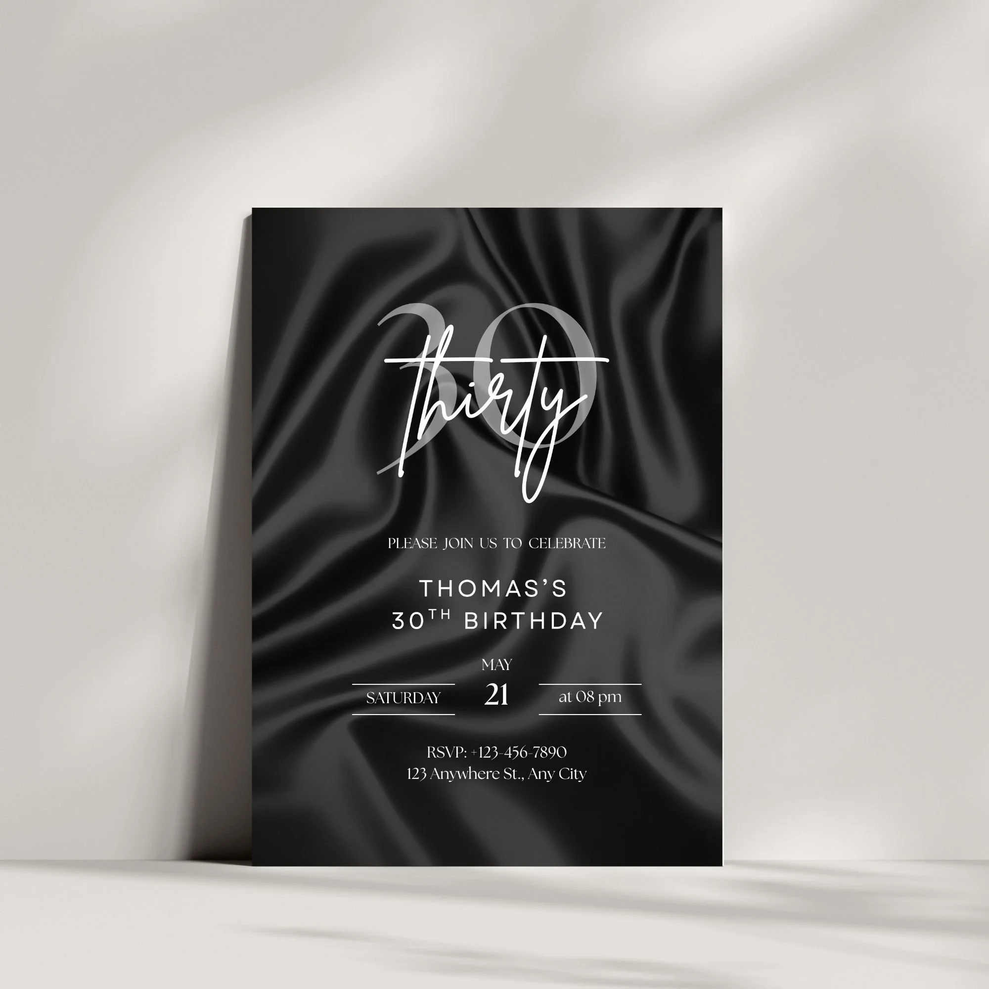 30th Birthday Invitation Template | Editable Canva Invite | Black Luxury Modern Design