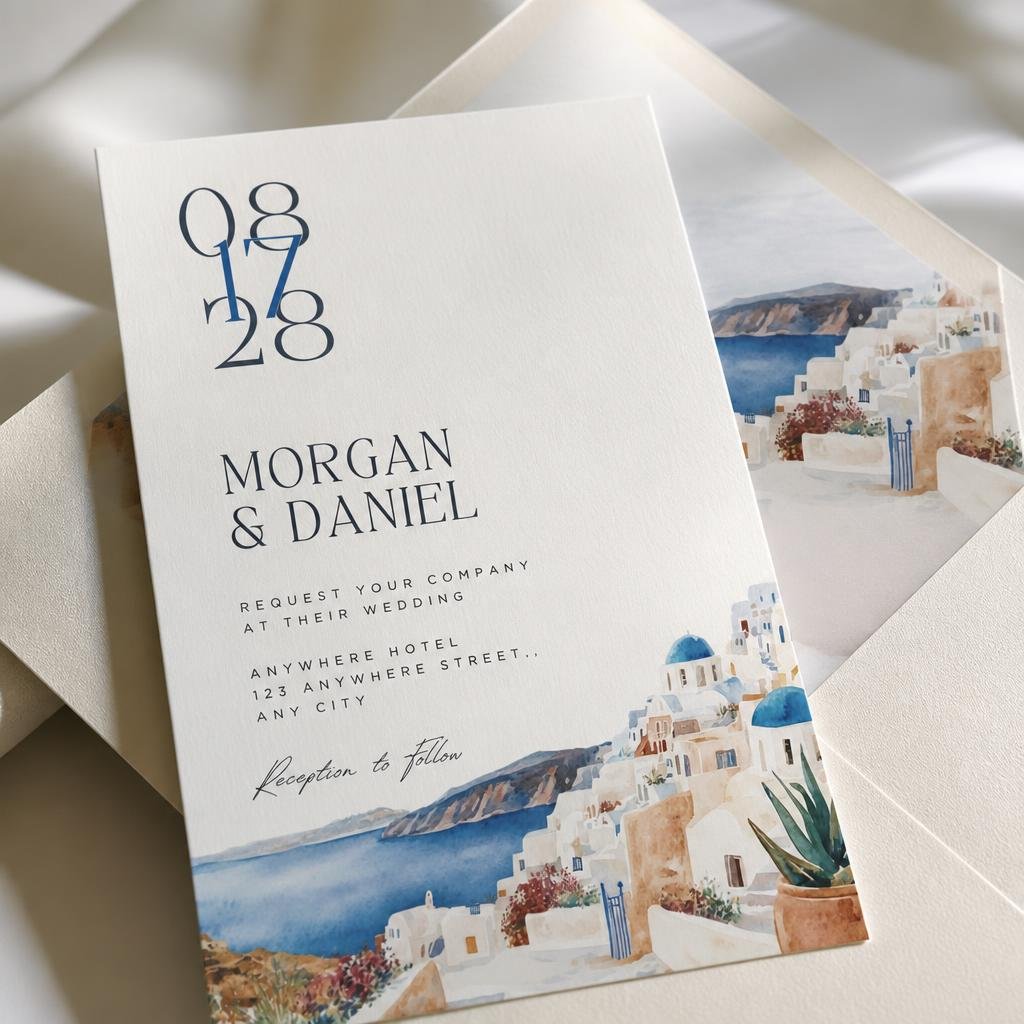 close up of Santorini wedding invitation with blue watercolor design and matching envelope liner coastal destination wedding template