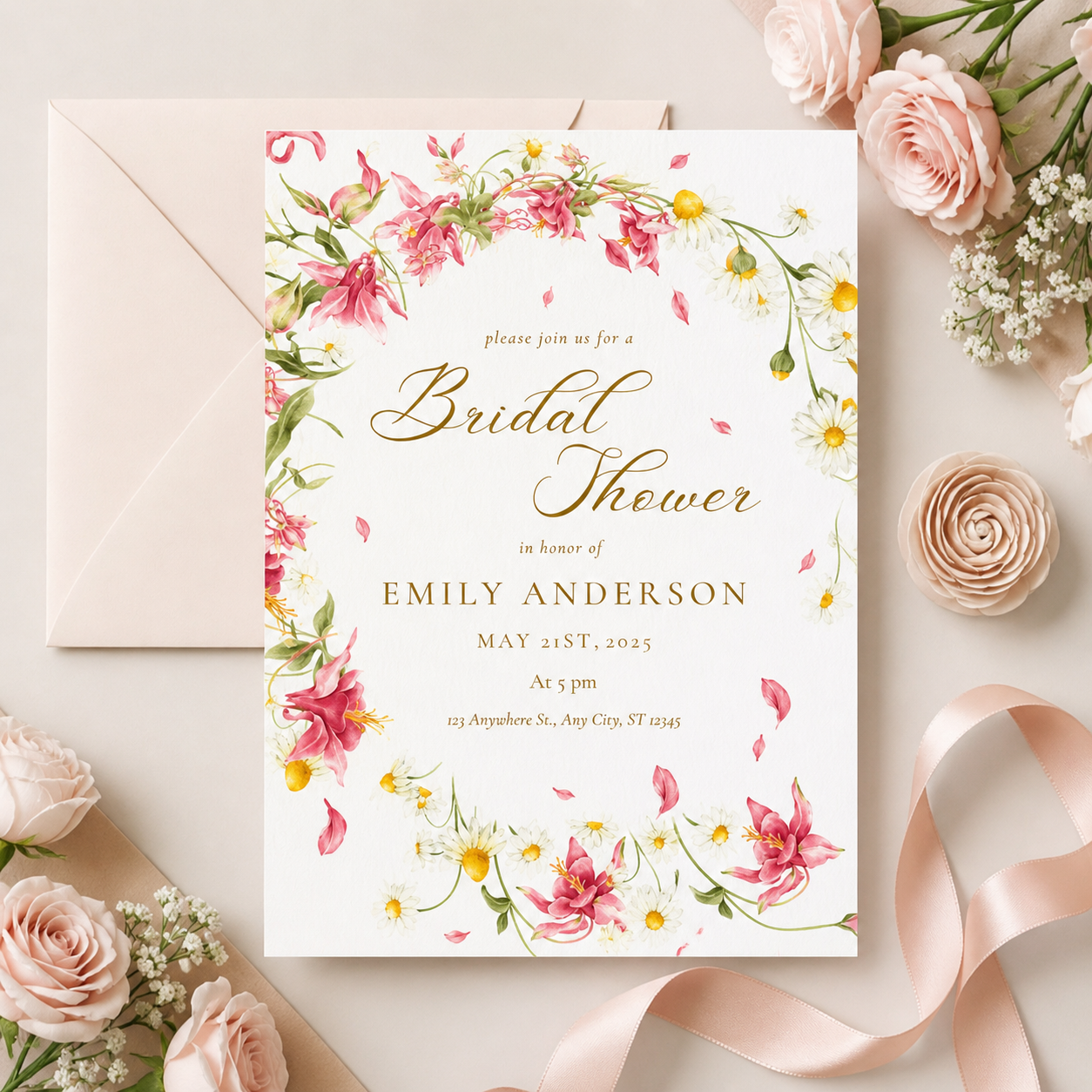 Elegant bridal shower invitation with pink floral watercolor border, gold script typography, and blush styling, paired with a neutral envelope, soft roses, and satin ribbon on a light beige background.