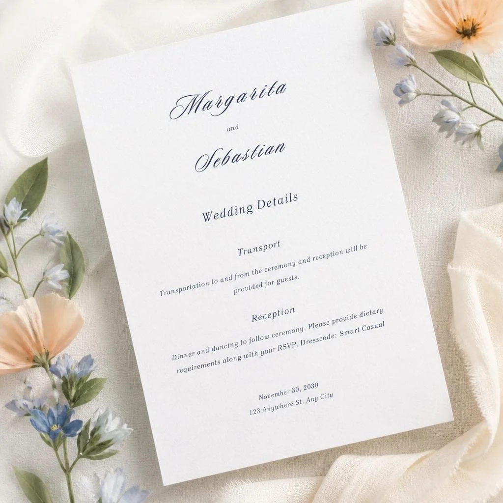 Minimal wedding details card with blue typography, soft floral accents, elegant layout for transport and reception information, editable Canva wedding stationery template