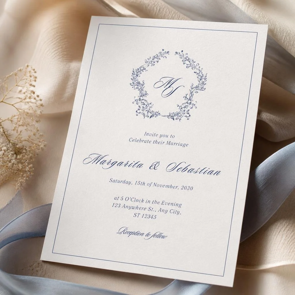 Elegant blue floral wedding invitation with monogram crest, minimal border design, soft neutral fabric background, editable Canva template for modern weddings