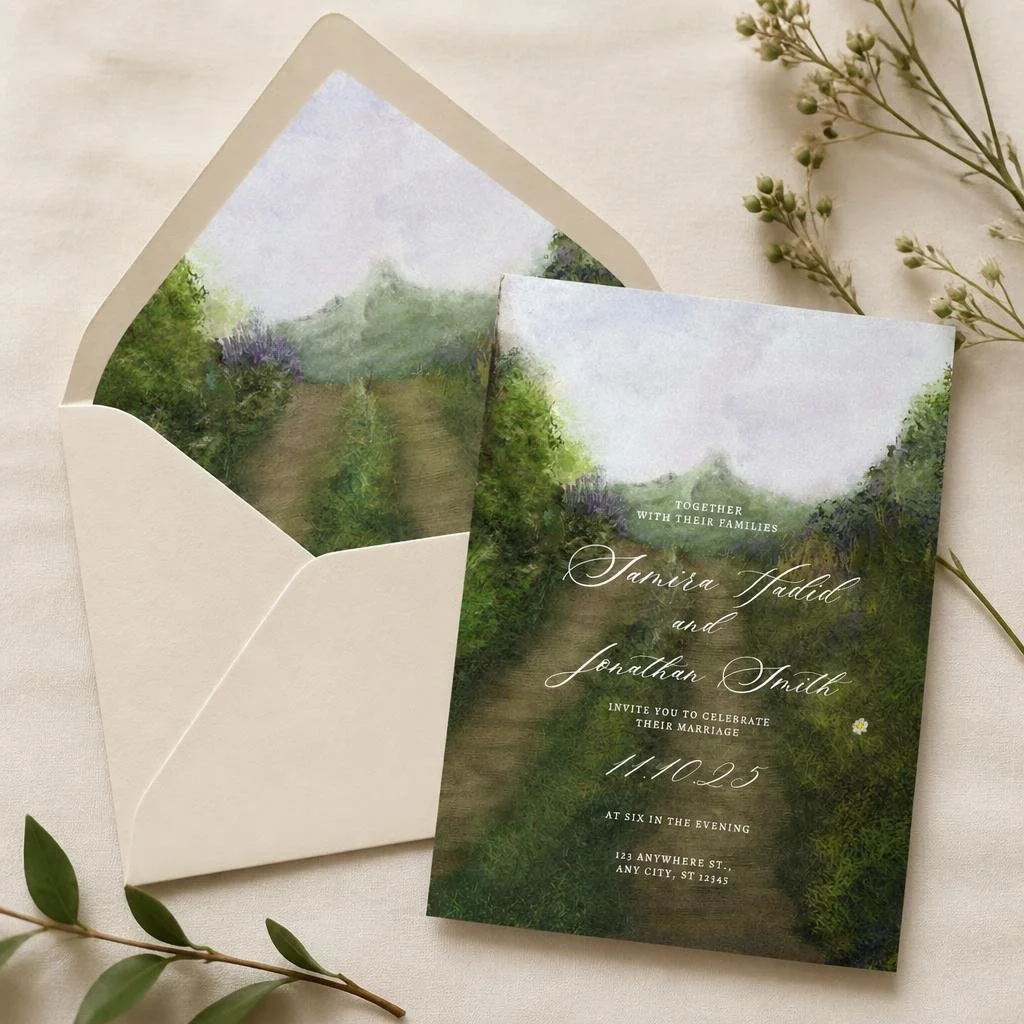 Painterly mountain wedding invitation featuring a soft green landscape design with matching envelope liner, elegant script typography, and neutral flat lay styling with botanical accents.