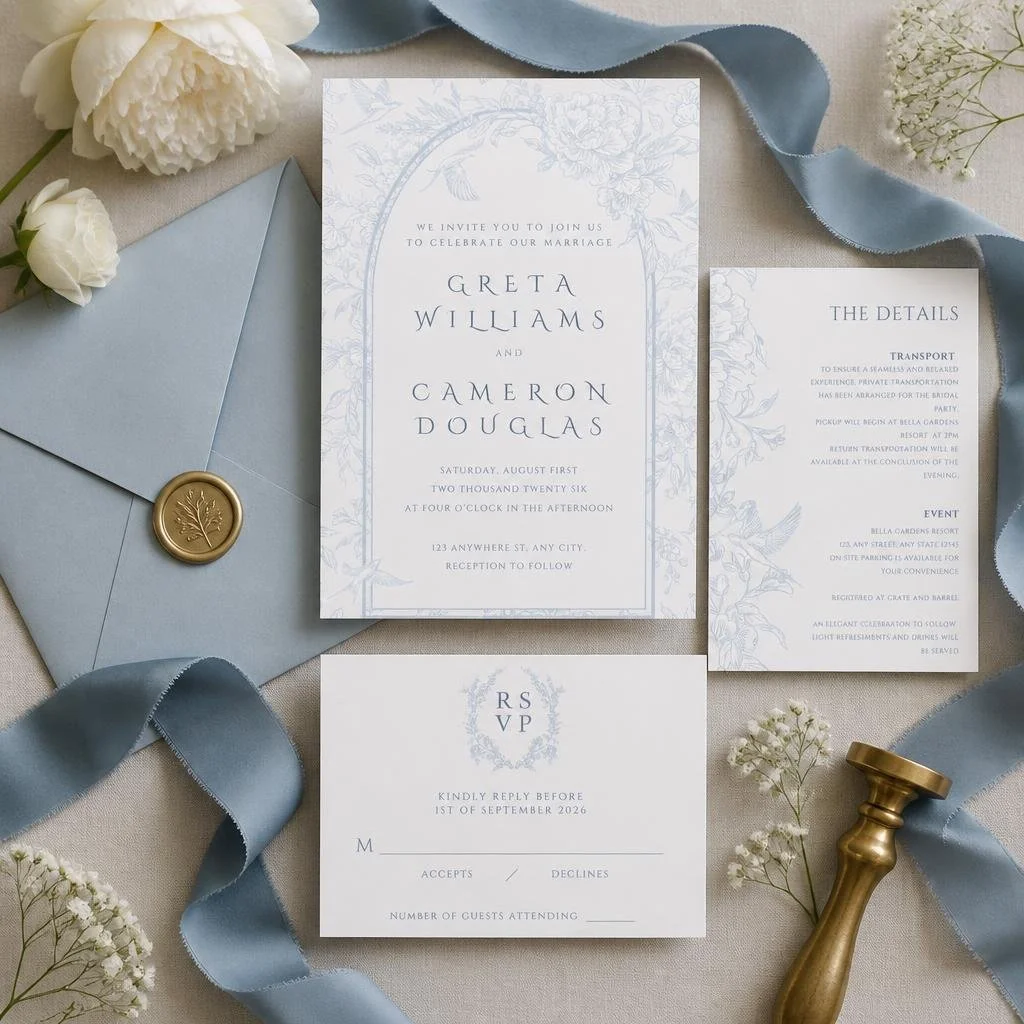 Dusty Blue Wedding Invitation Suite Template | Editable Canva Wedding Invitation