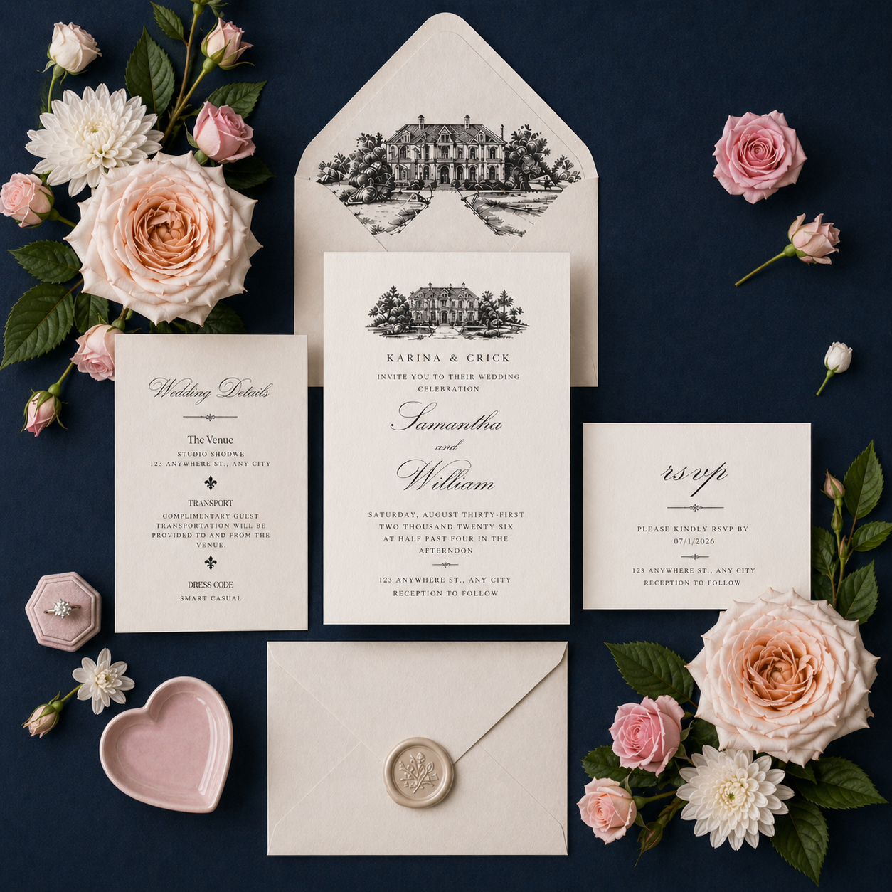 Elegant ivory wedding invitation suite with vintage manor illustration, styled flat lay on navy background with florals and wax-sealed envelope.