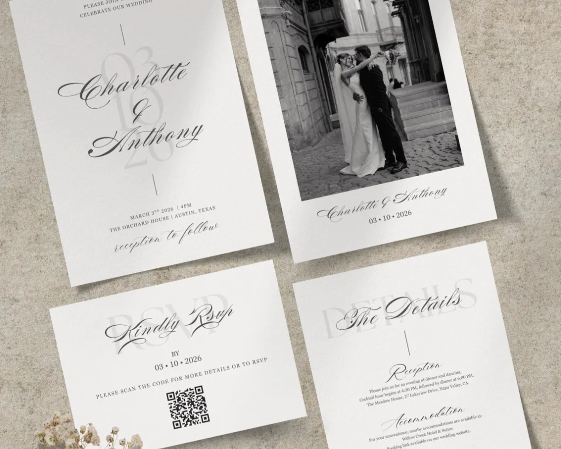 Full wedding invitation suite including invitation, RSVP card, details card, and thank you card in a coordinated design.
