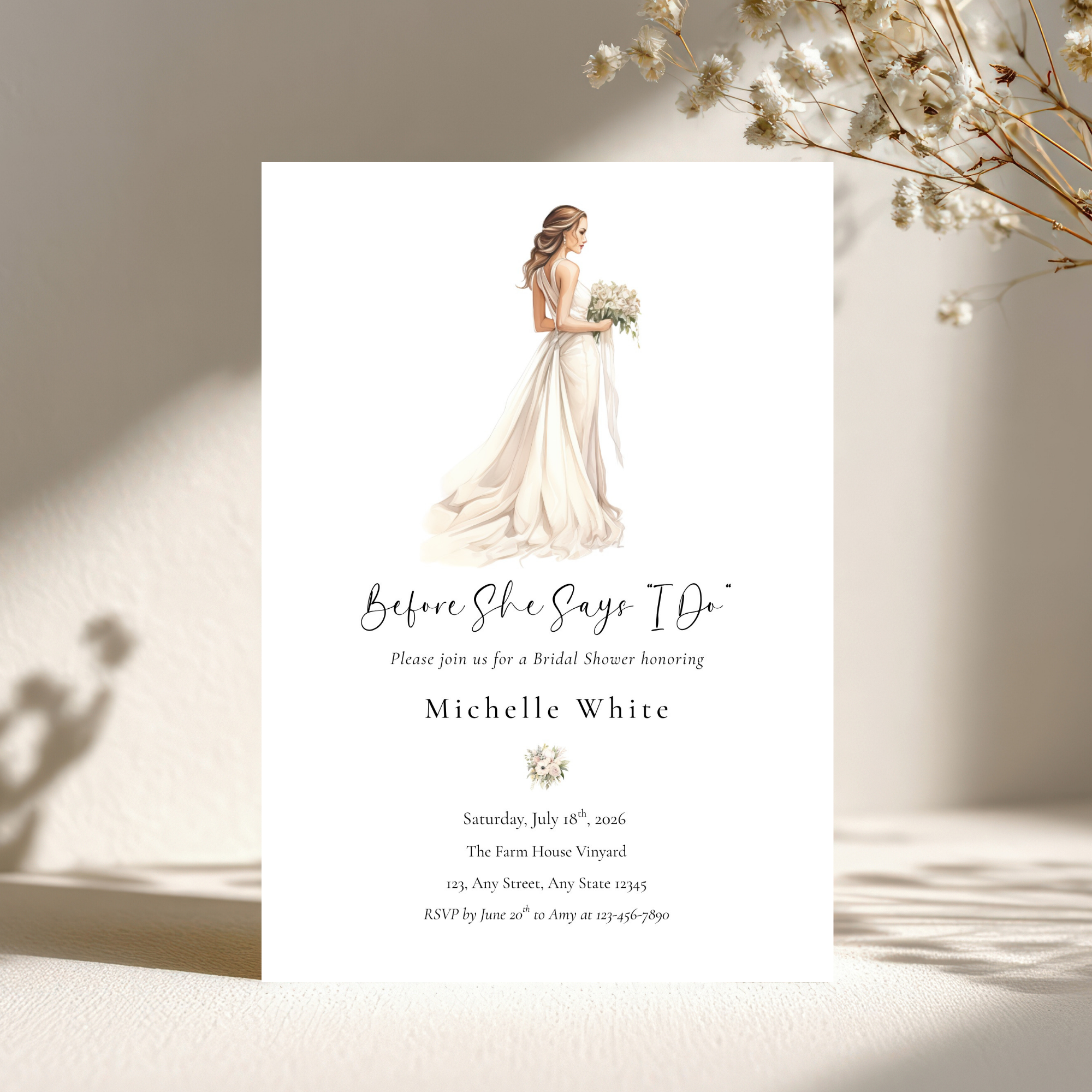 Before She Says I Do Bridal Shower Invitation Template | Elegant Dress Canva Editable Invite