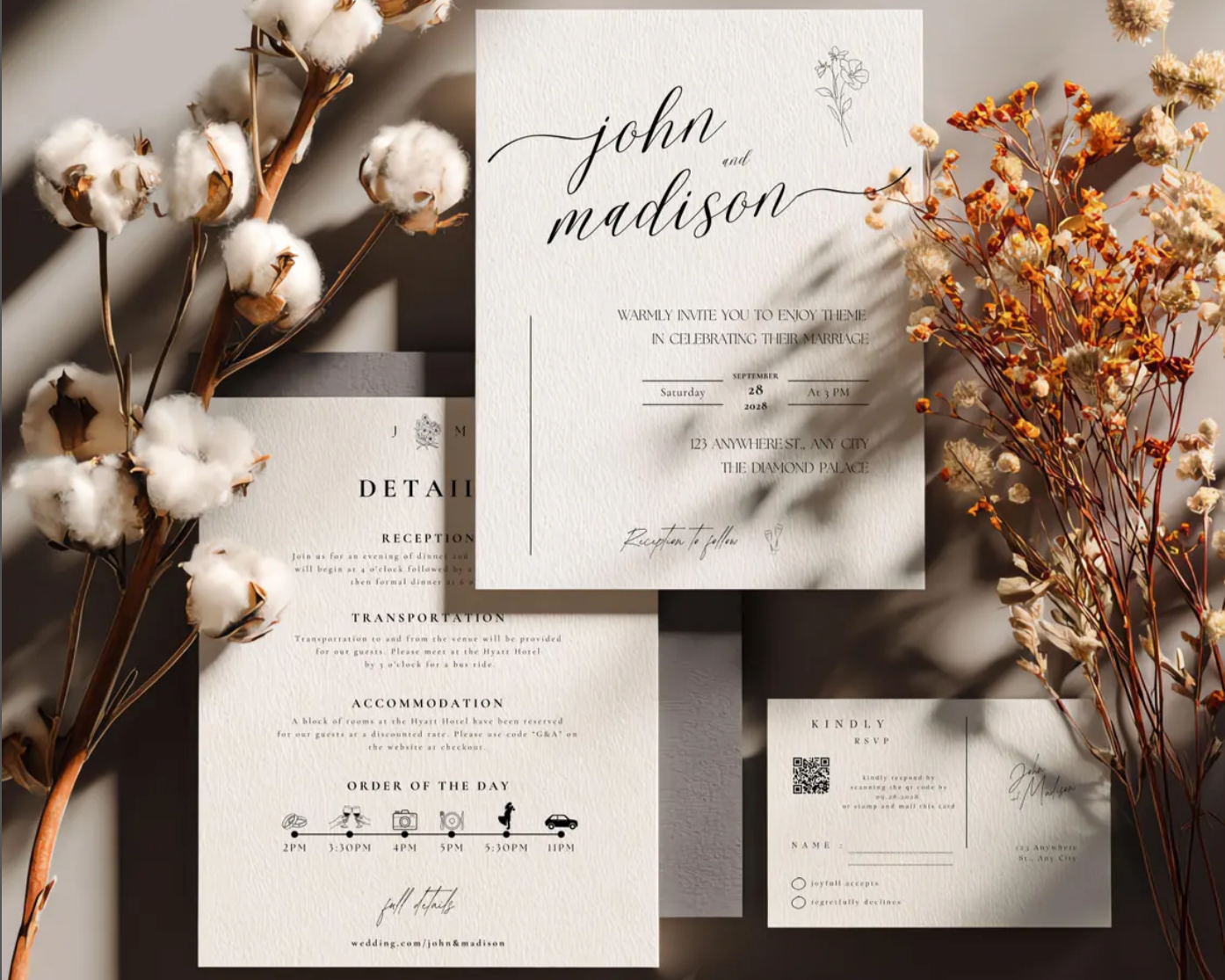 Elegant neutral-toned wedding invitation suite with RSVP and details card designed by Celebrate & Send.