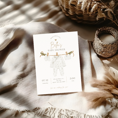 A baby shower invitation card placed on a beige textured blanket, with a woven basket and a candle holder nearby.