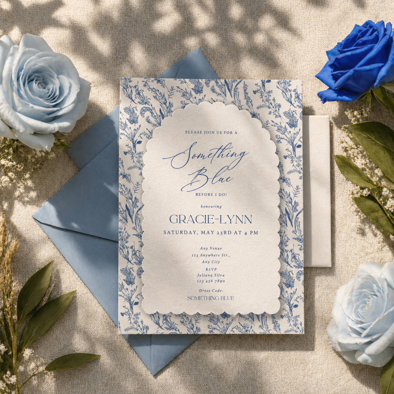Something Blue Bridal Shower Invitation Template | Blue Toile Floral Canva Editable Invite