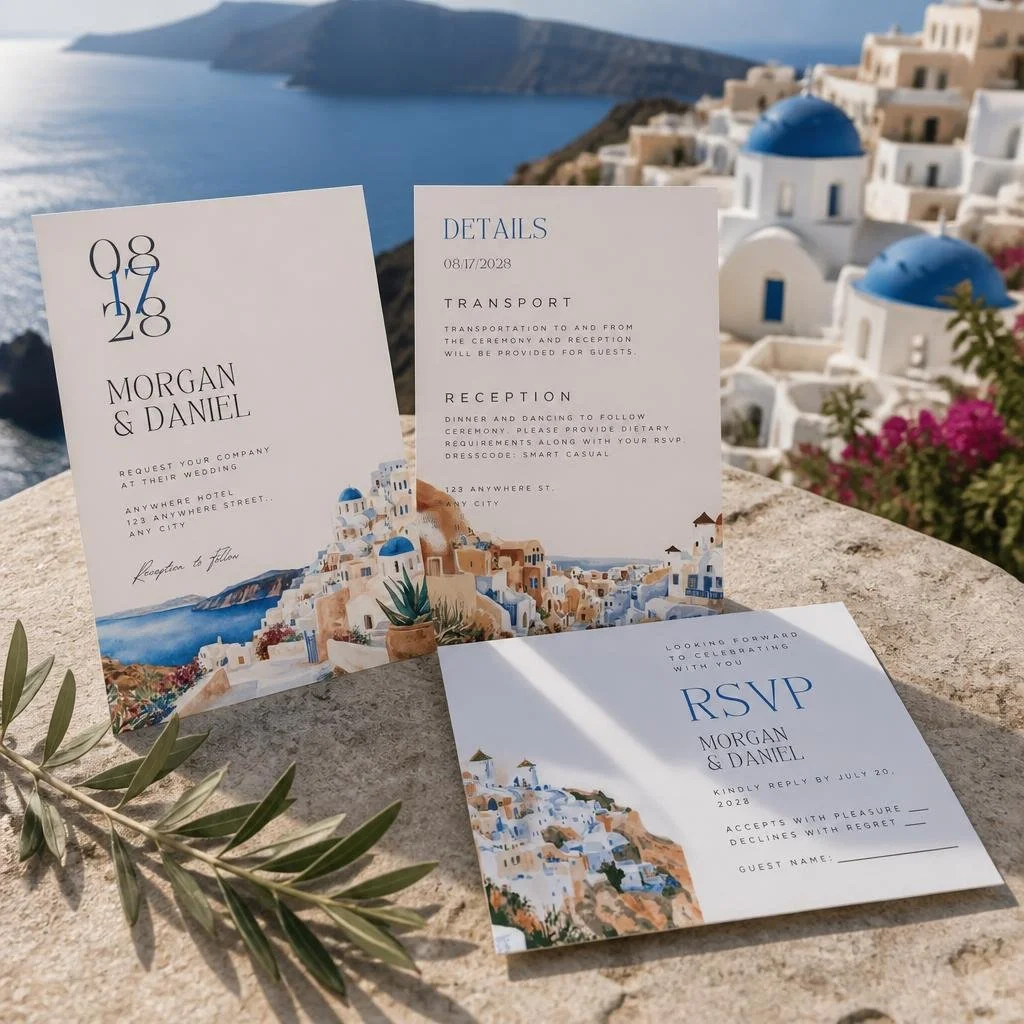 Santorini wedding invitation suite styled outdoors overlooking ocean with blue domes, Mediterranean coastal destination wedding invite template