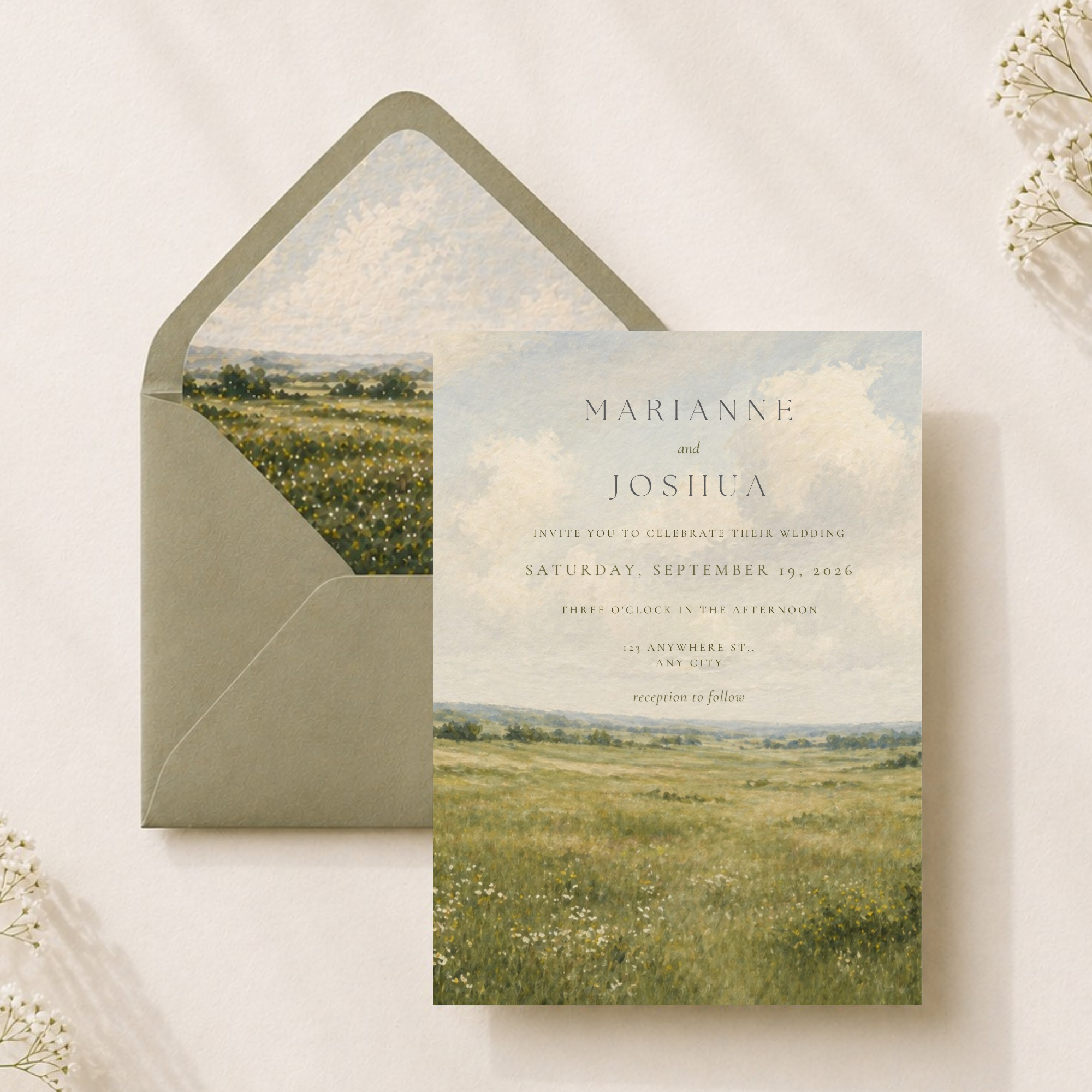 Painterly Meadow Wedding Invitation Suite | Editable Canva Template