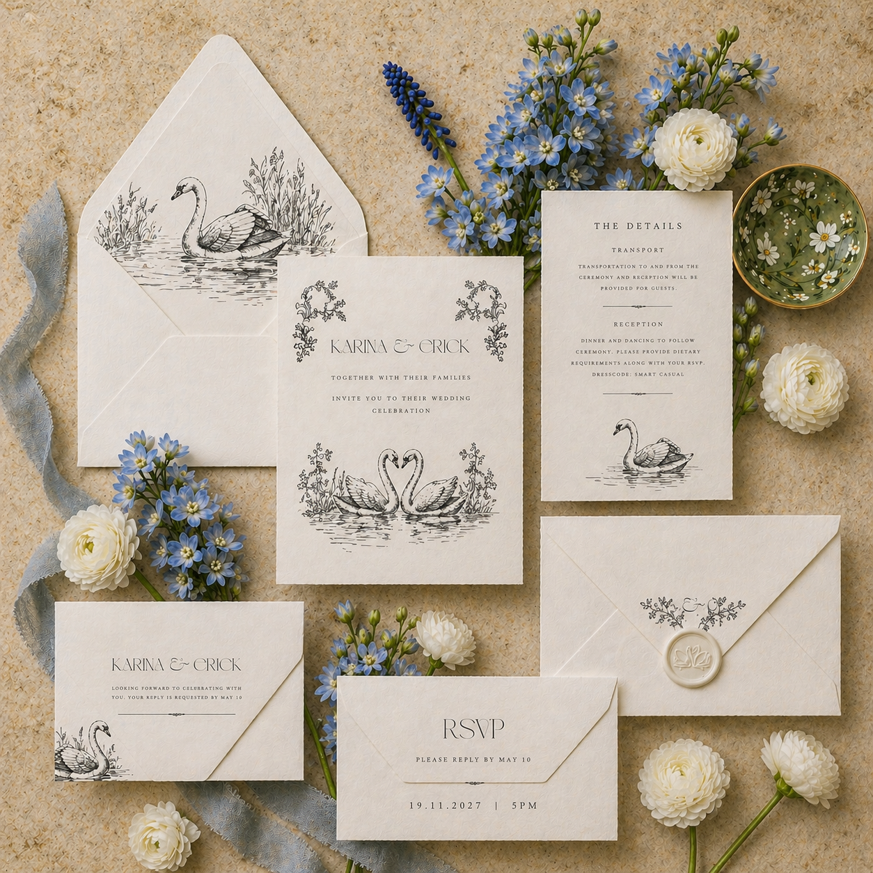 Swan Romance Wedding Invitation Suite