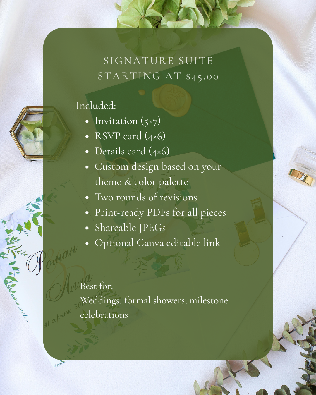 Signature Suite Package pricing list