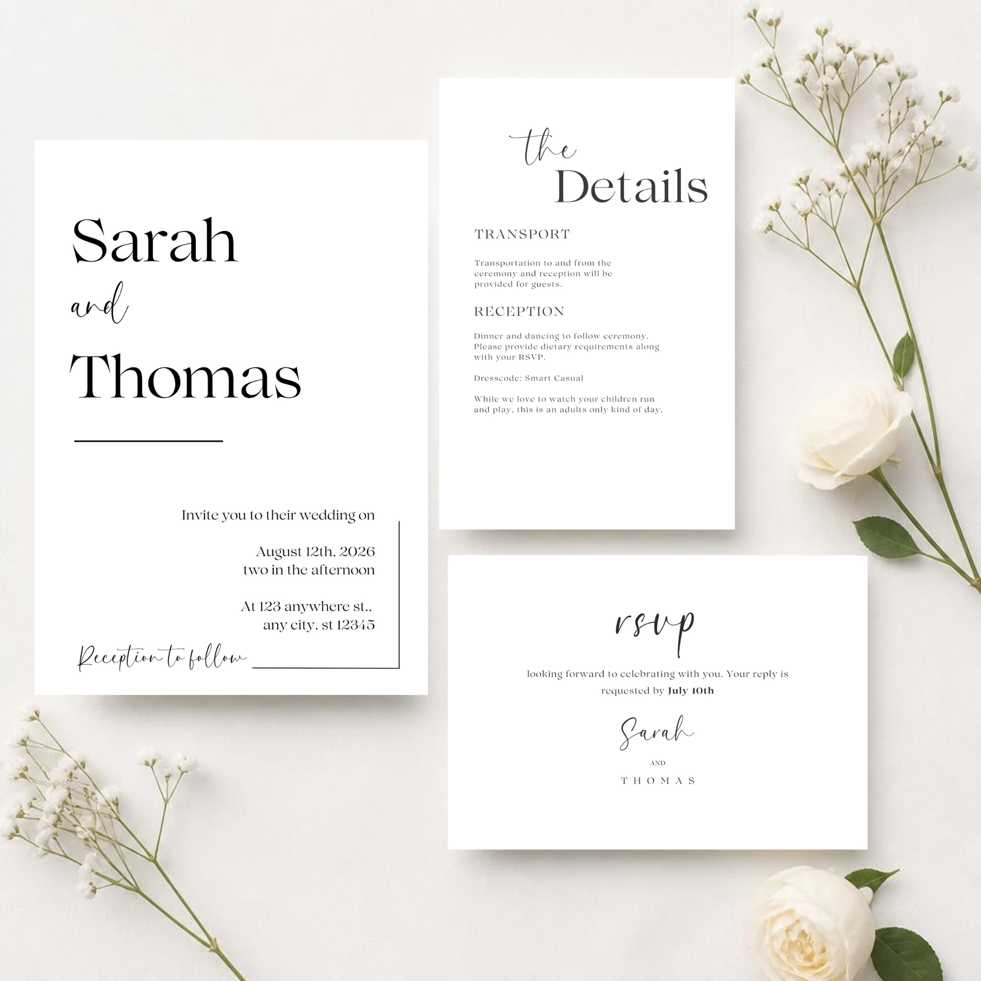 Modern Minimalist Wedding Invitation Suite | Elegant Black & White Canva Template