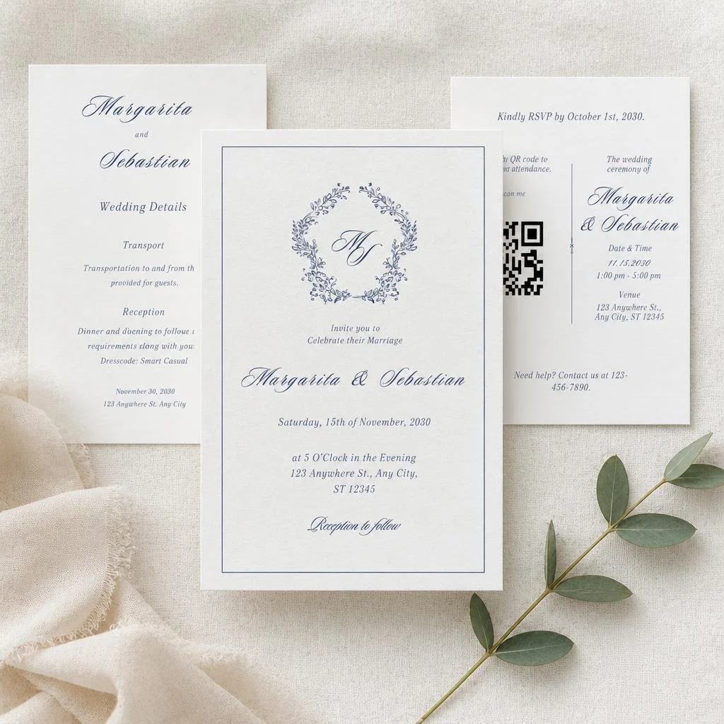 Editable Classic Monogram Wedding Invitation Suite | Navy Blue Elegant Canva Template