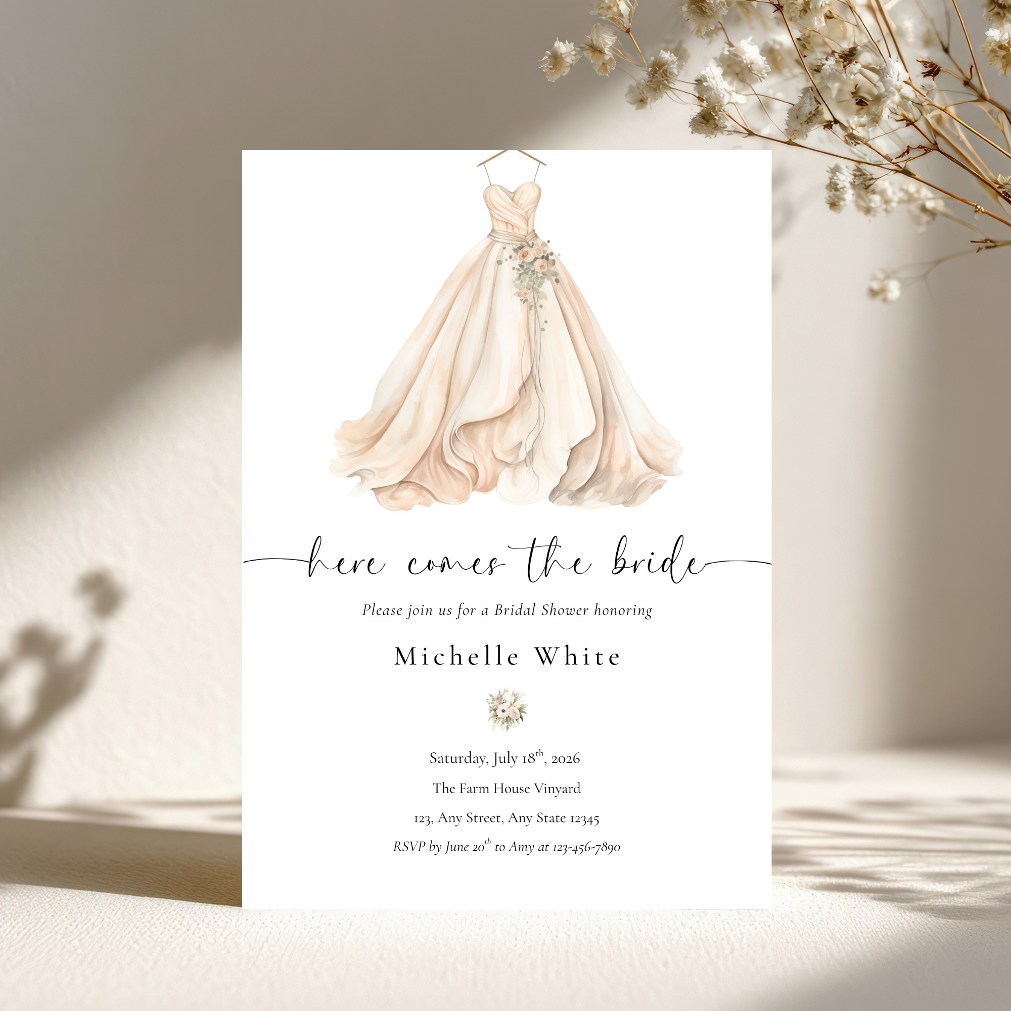 Here Comes the Bride Bridal Shower Invitation Template | Elegant Canva Editable