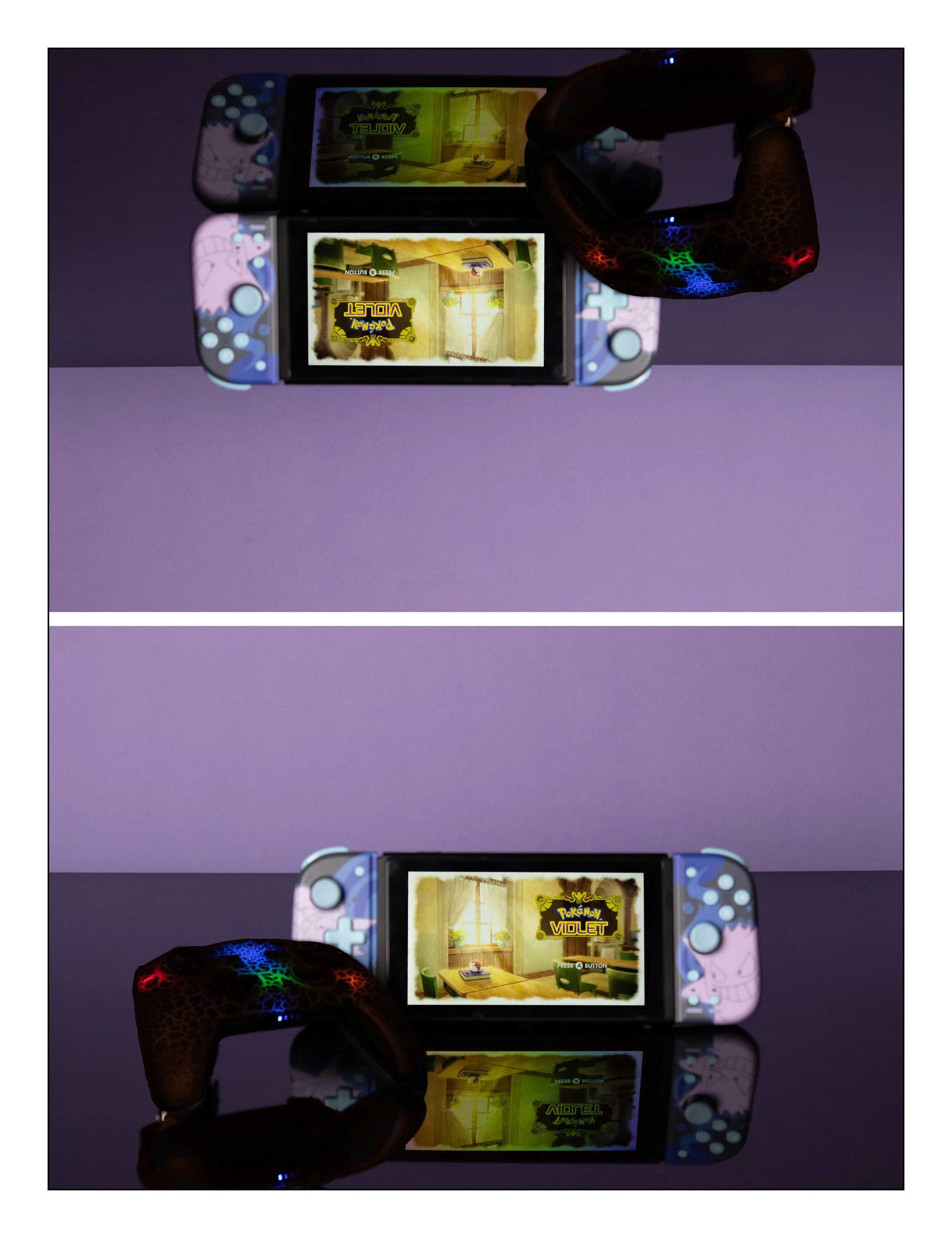 A Nintendo Switch Lite gaming console with a Pok�e9mon-themed skin, displaying 'Pok�e9mon Violet' and 'Pok�e9mon Scarlet' game screens, with a color-changing LED gaming controller attached, placed on a reflective surface against a purple background.