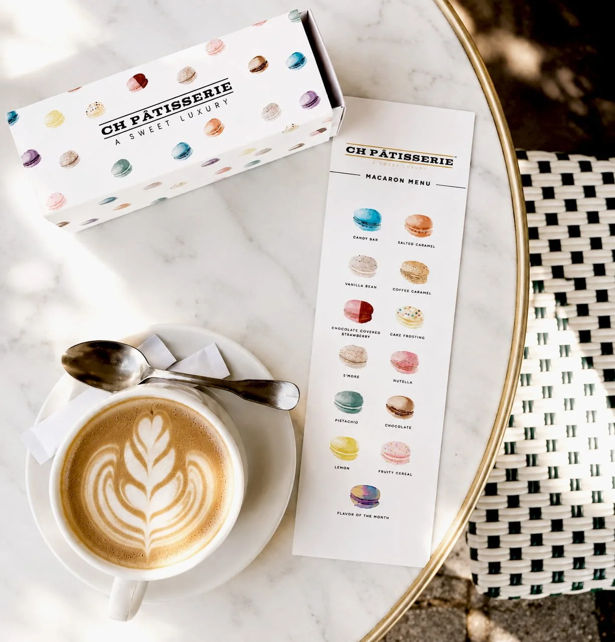 CH Patisserie macaron menu with coffee and macaron box.