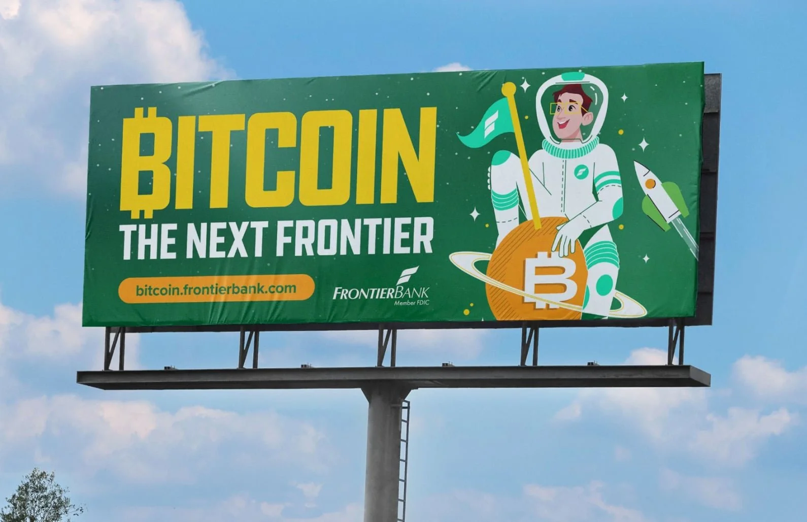 Billboard advertising Bitcoin with the slogan "Bitcoin: The Next Frontier" featuring a cartoon astronaut holding a Bitcoin symbol, with a rocket and space-themed background.