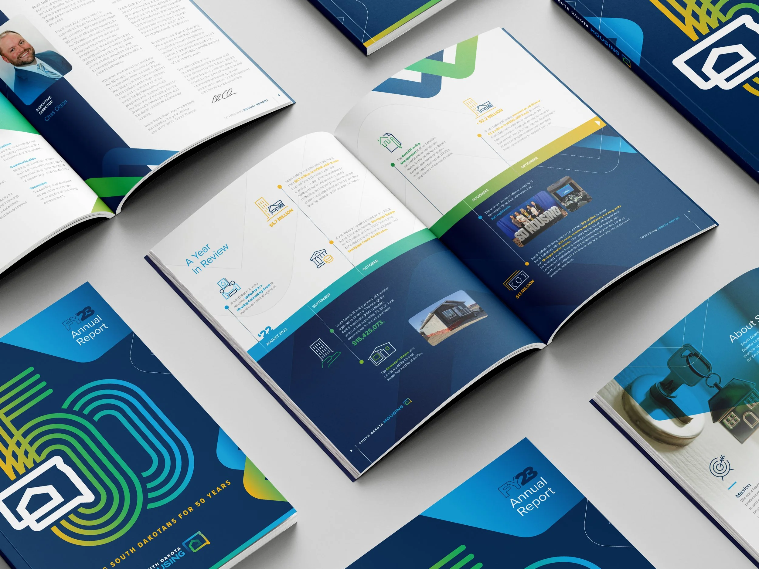 Internal pages of SD Housing 2023 Annual Report Designed by The Sampson House. Gold Addy Winner.