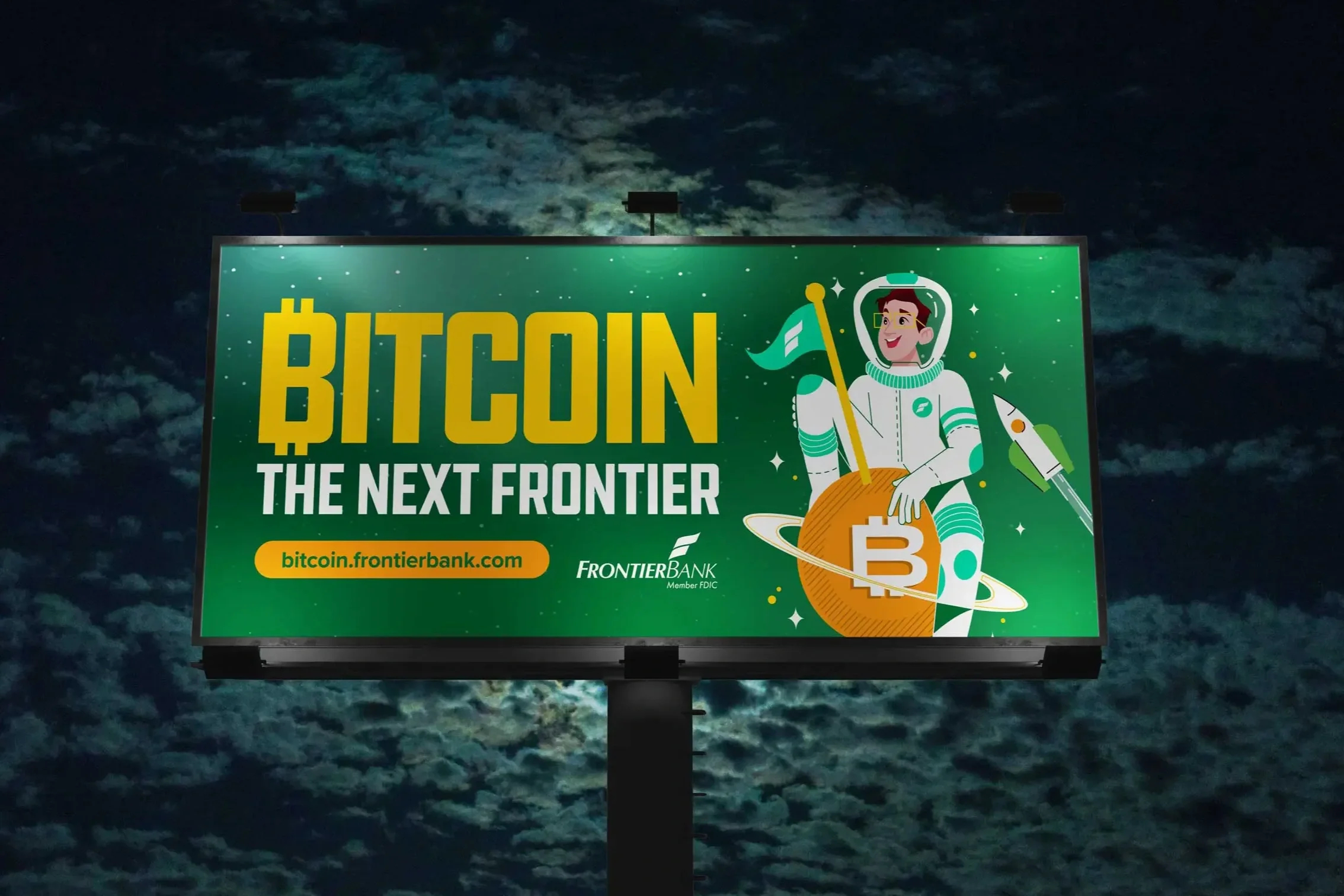 Frontier Bank Bitcoin is a Big Deal campaign billboard design photo at night by The Sampson House.